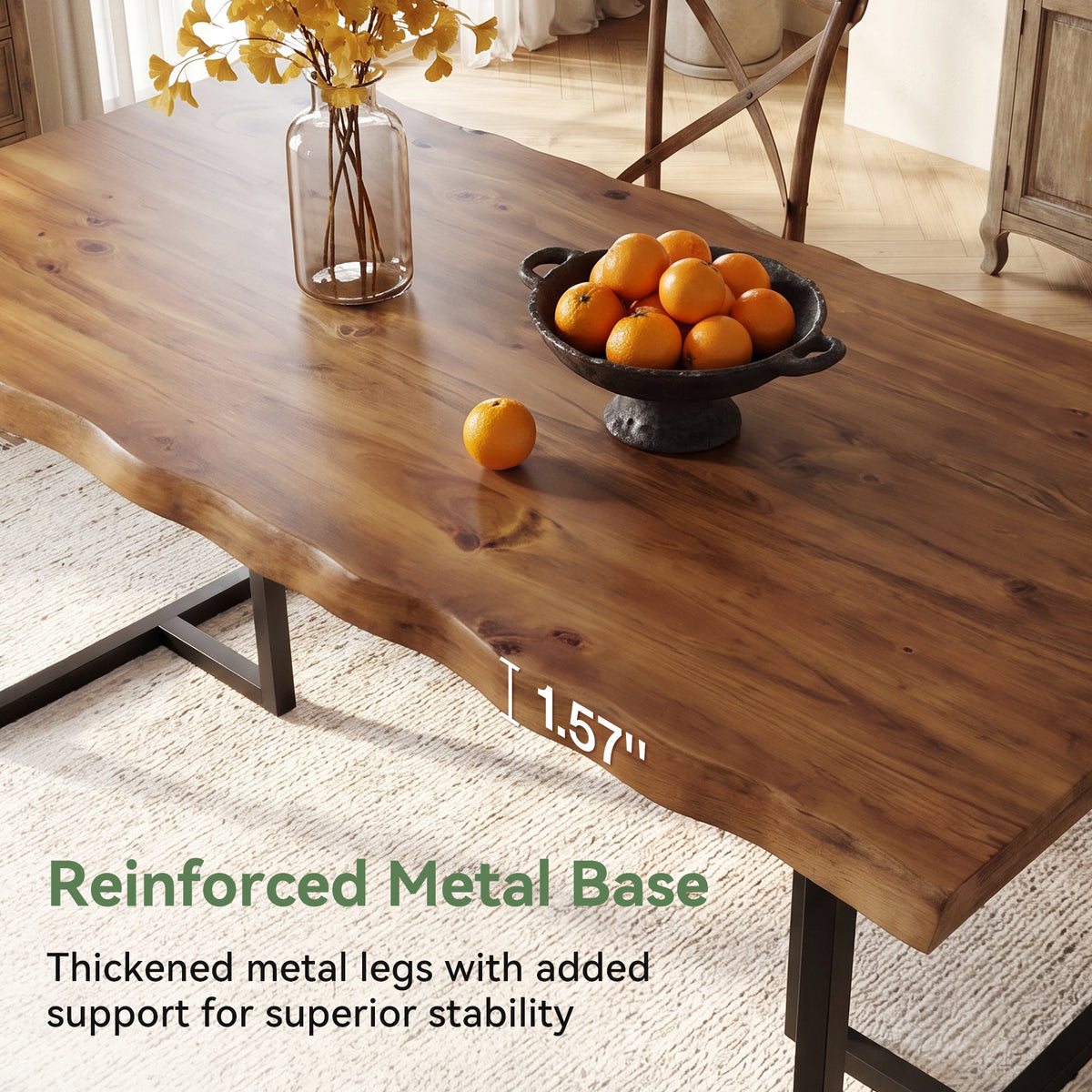 63" Solid Wood Dining Table, Rectangular Kitchen Table with Live-Edge Inspired Top for 4–6