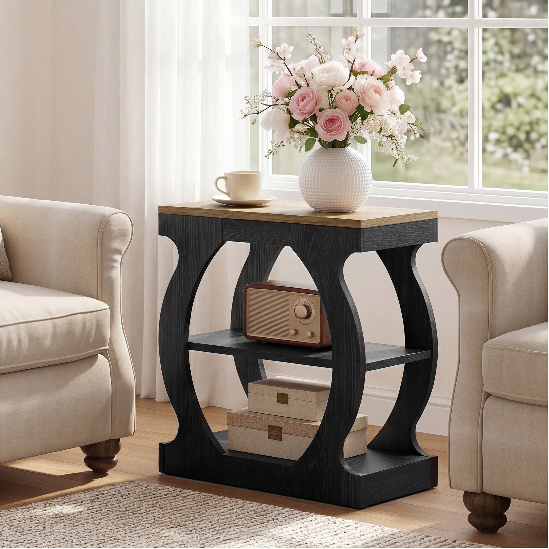 Narrow End Table with 3-Tier Storage Shelves, Bedroom Nightstand for Small Spaces