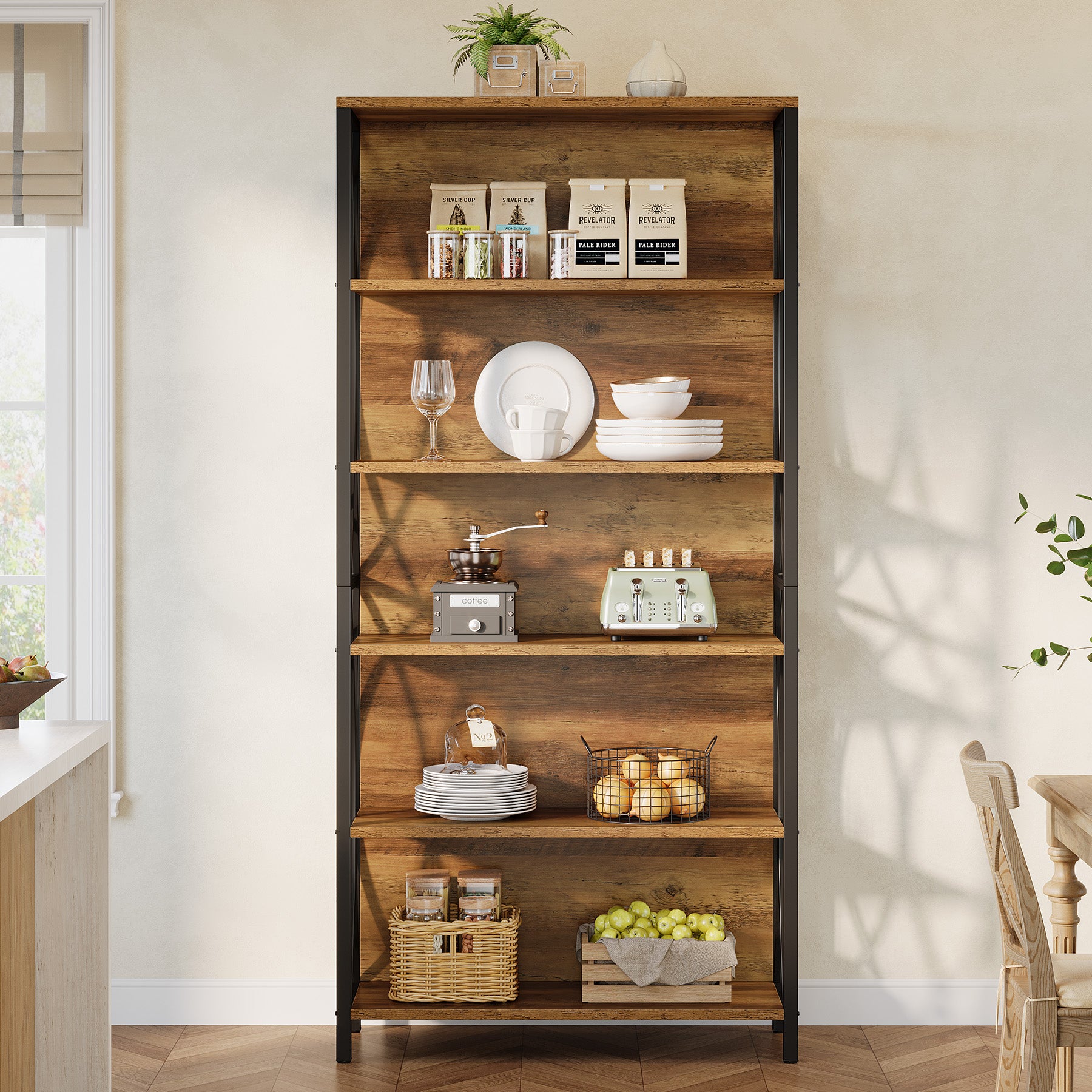 6-Tier Bookshelf, 70.87" Industrial Bookcase with Geometric Metal Frame