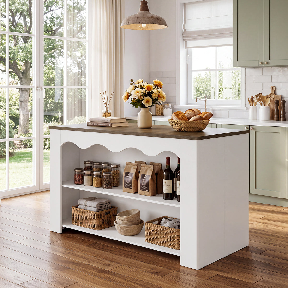 59" Modern Kitchen Island with Storage & Seating Space, 3-Tier Stationary Island Table