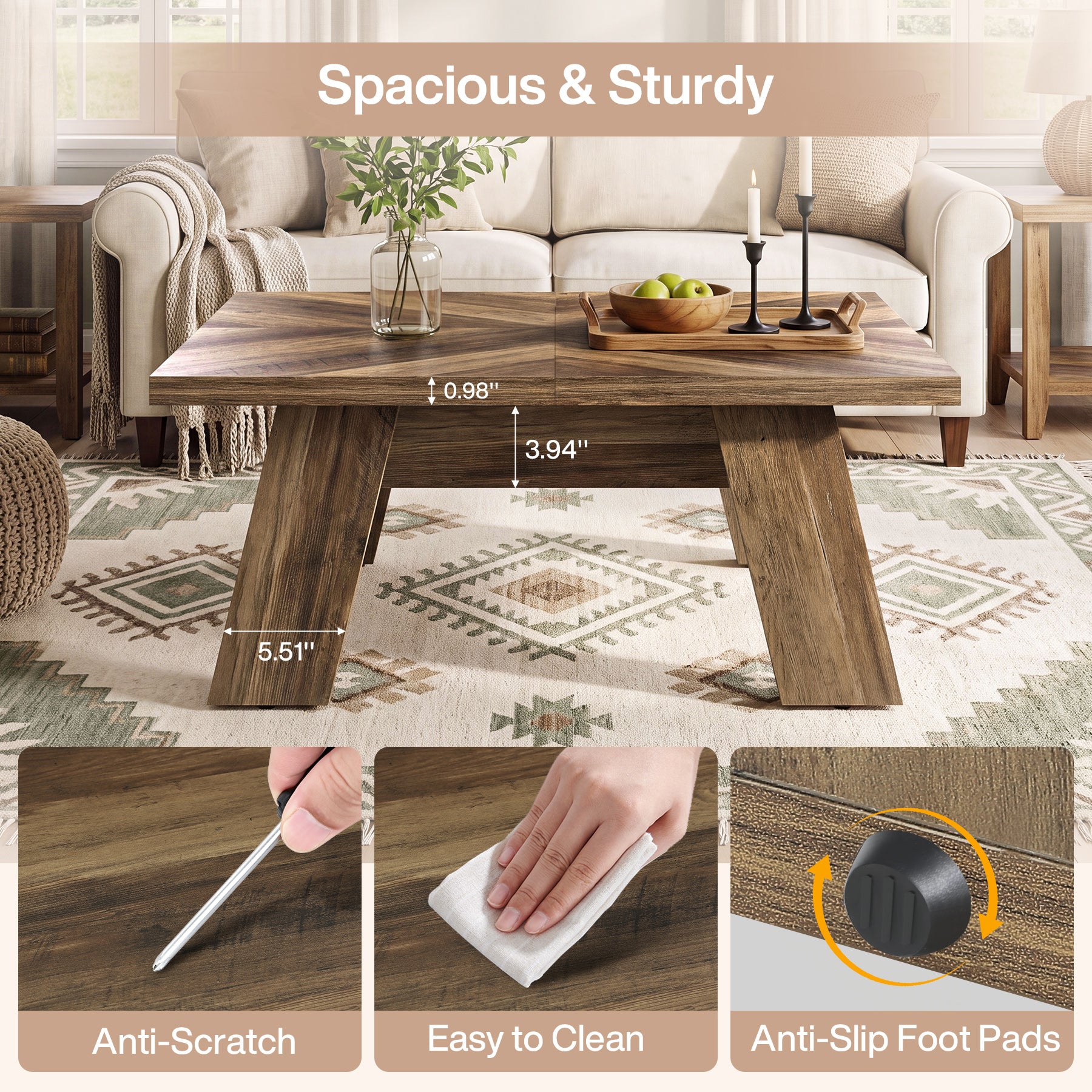 39.4" Square Coffee Table, Sturdy Center Table with Geometric Wood Grain