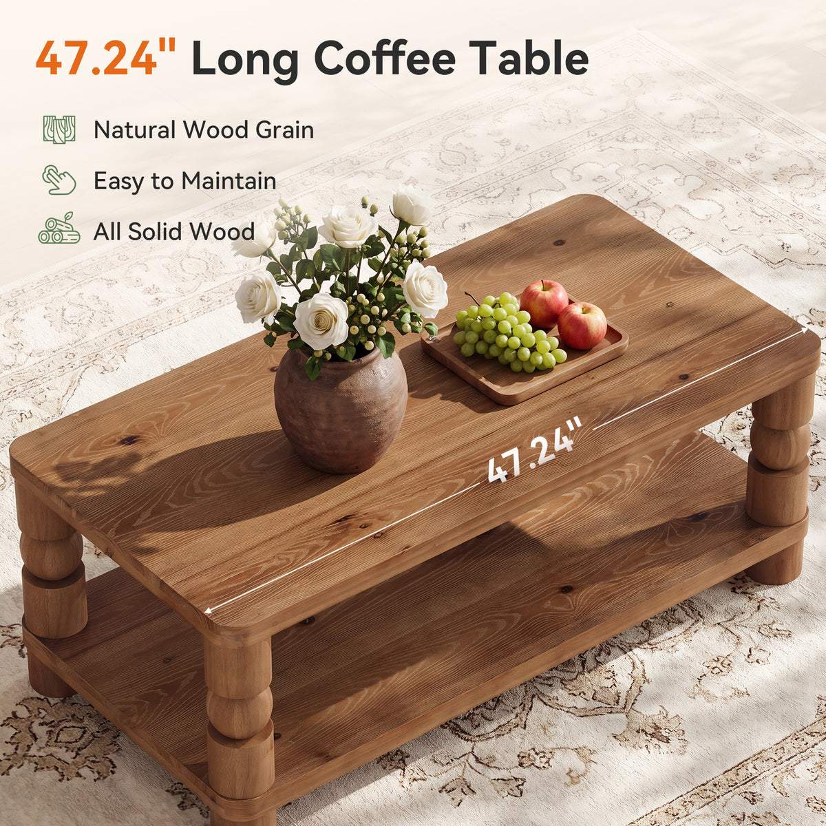 47" Farmhouse Solid Wood Coffee Table, 2-Tier Storage, Living Room