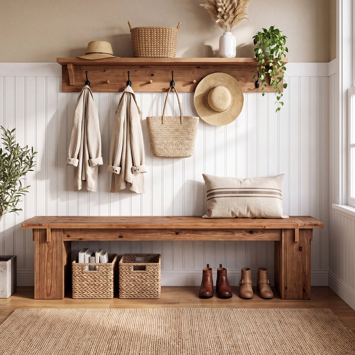 71" Farmhouse Solid Wood Entryway Bench with Thick Legs, Bedroom End of Bed Bench