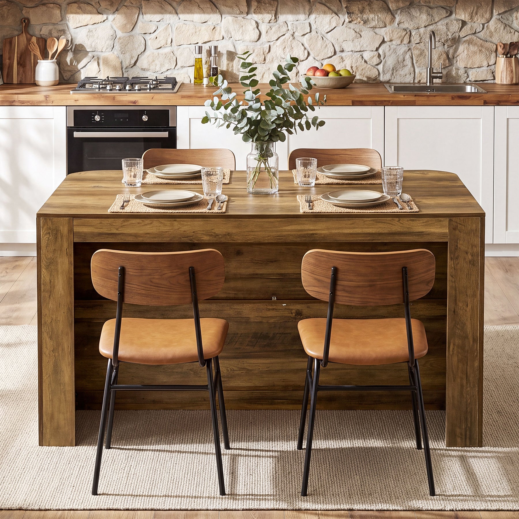 55" Kitchen Island, Farmhouse Stationary Island Table with 2-Tier Storage Shelves
