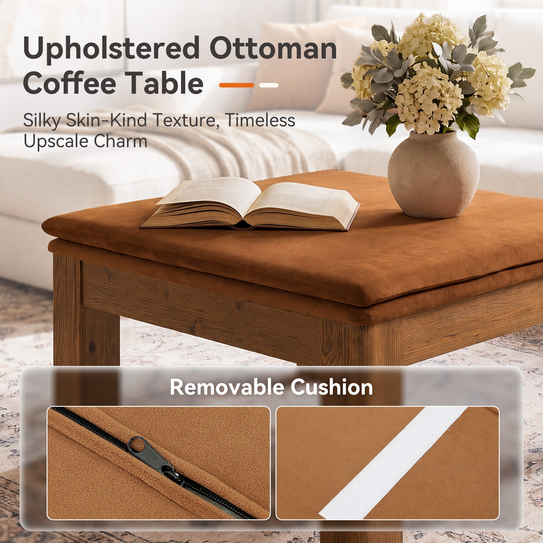 32.28" Square Coffee Table with Solid Wood Frame & Removable Velvet Cushion