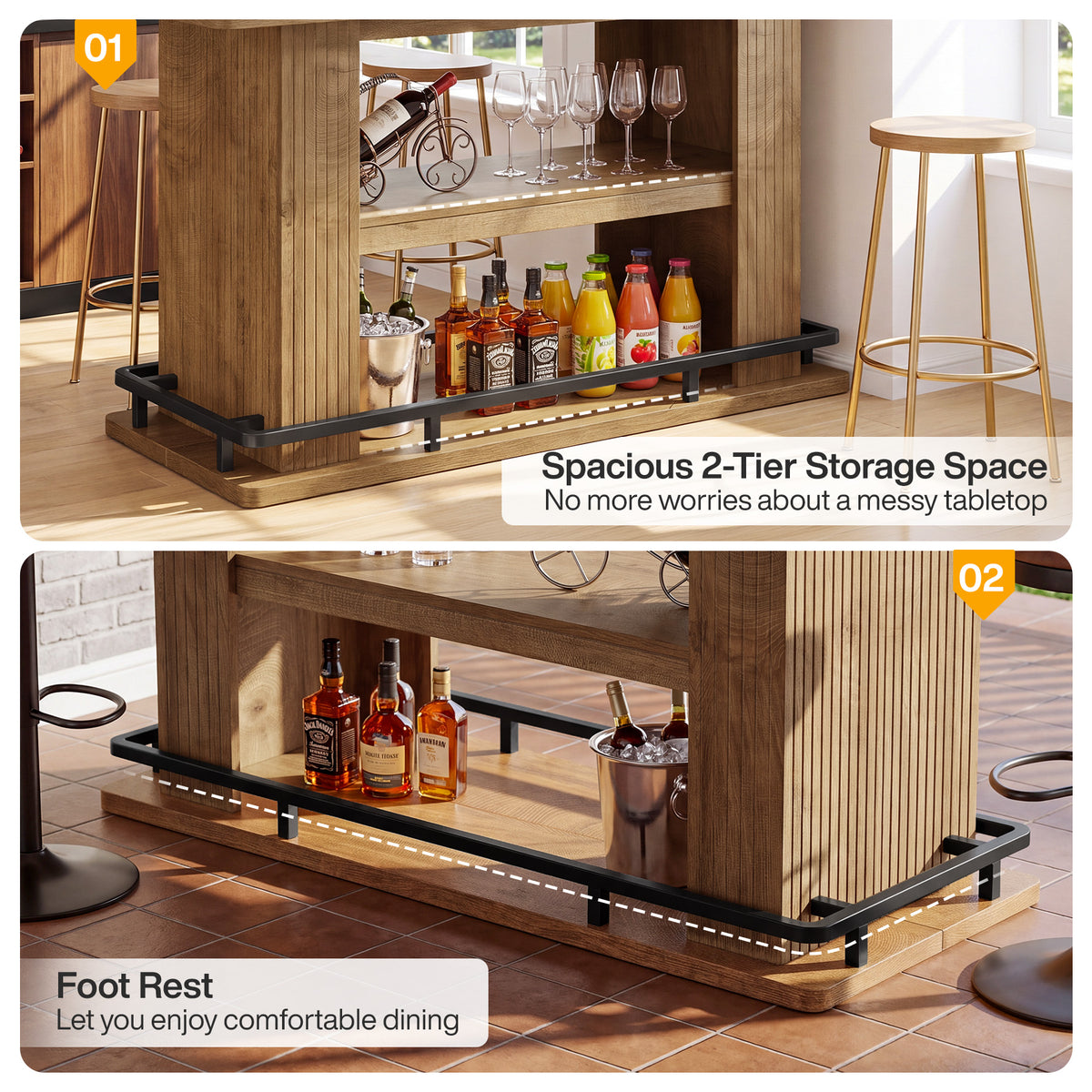 63" Bar Table, 3-Tier Counter Height Pub Table with Metal Footrest for Kitchen, Bistro