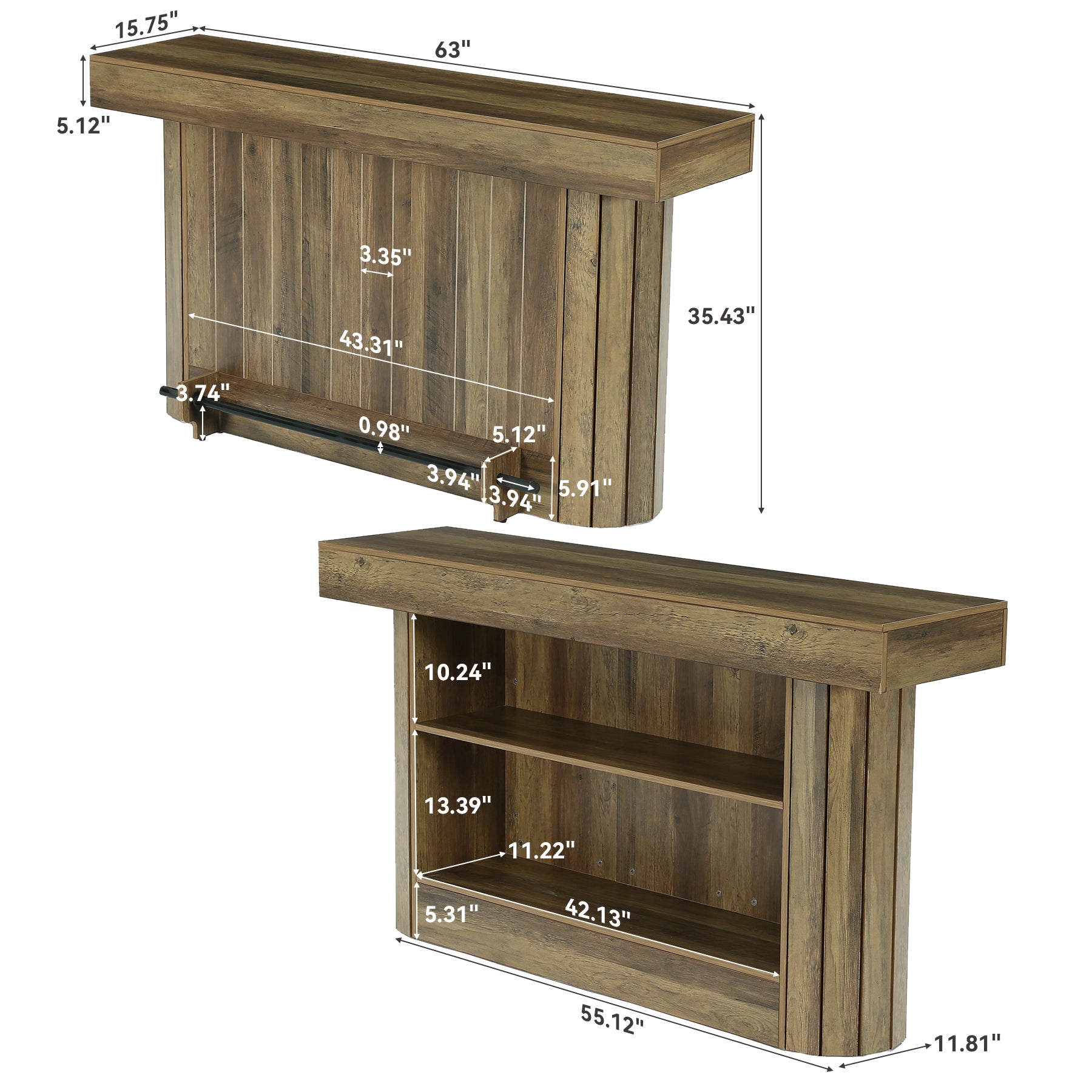 63" Industrial Bar Table with Storage Shelves & Footrest, Wooden Pub Table for Home Bar