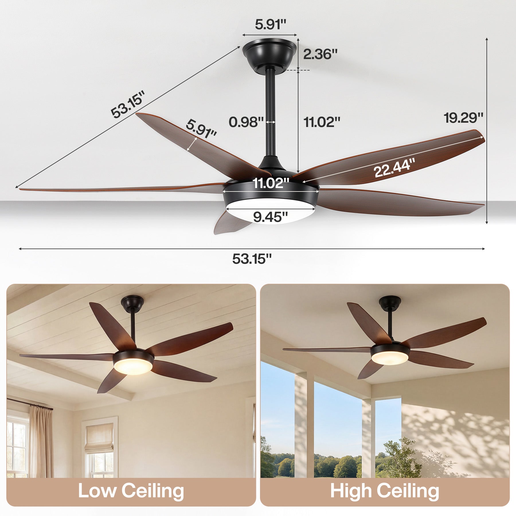 5 Blades Ceiling Fans with Dimmable LED Light and Remote Control