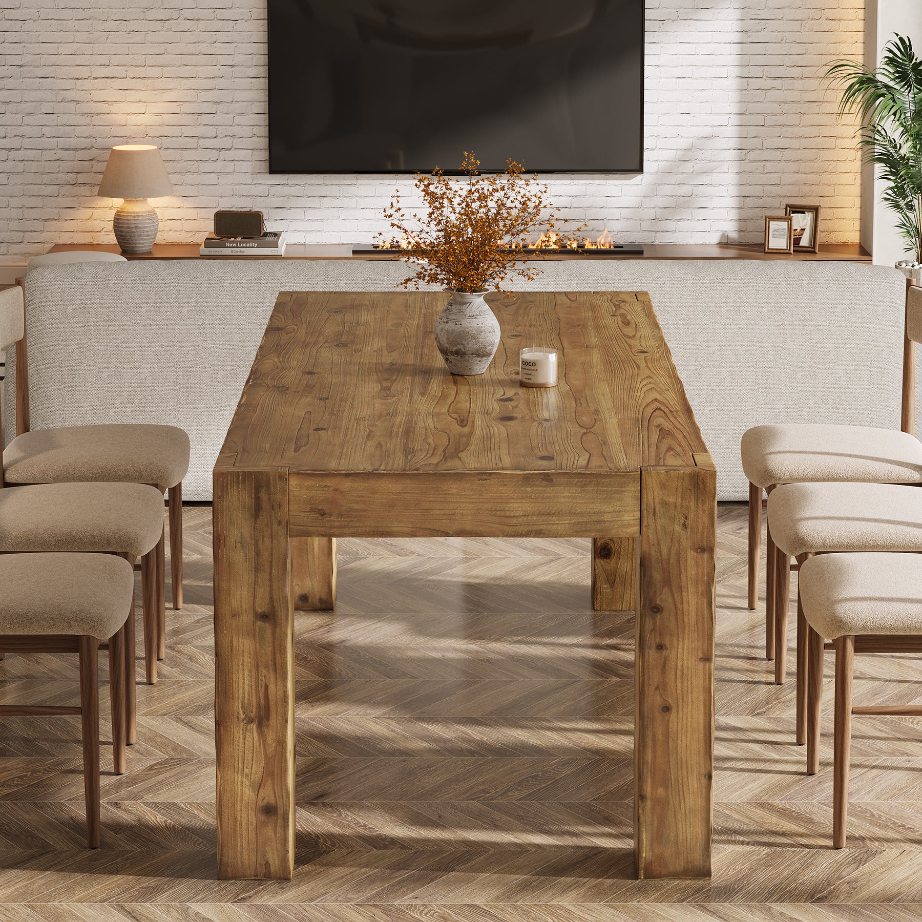 63" Dining Table, Solid Wood Dinner Kitchen Table For 4 To 6