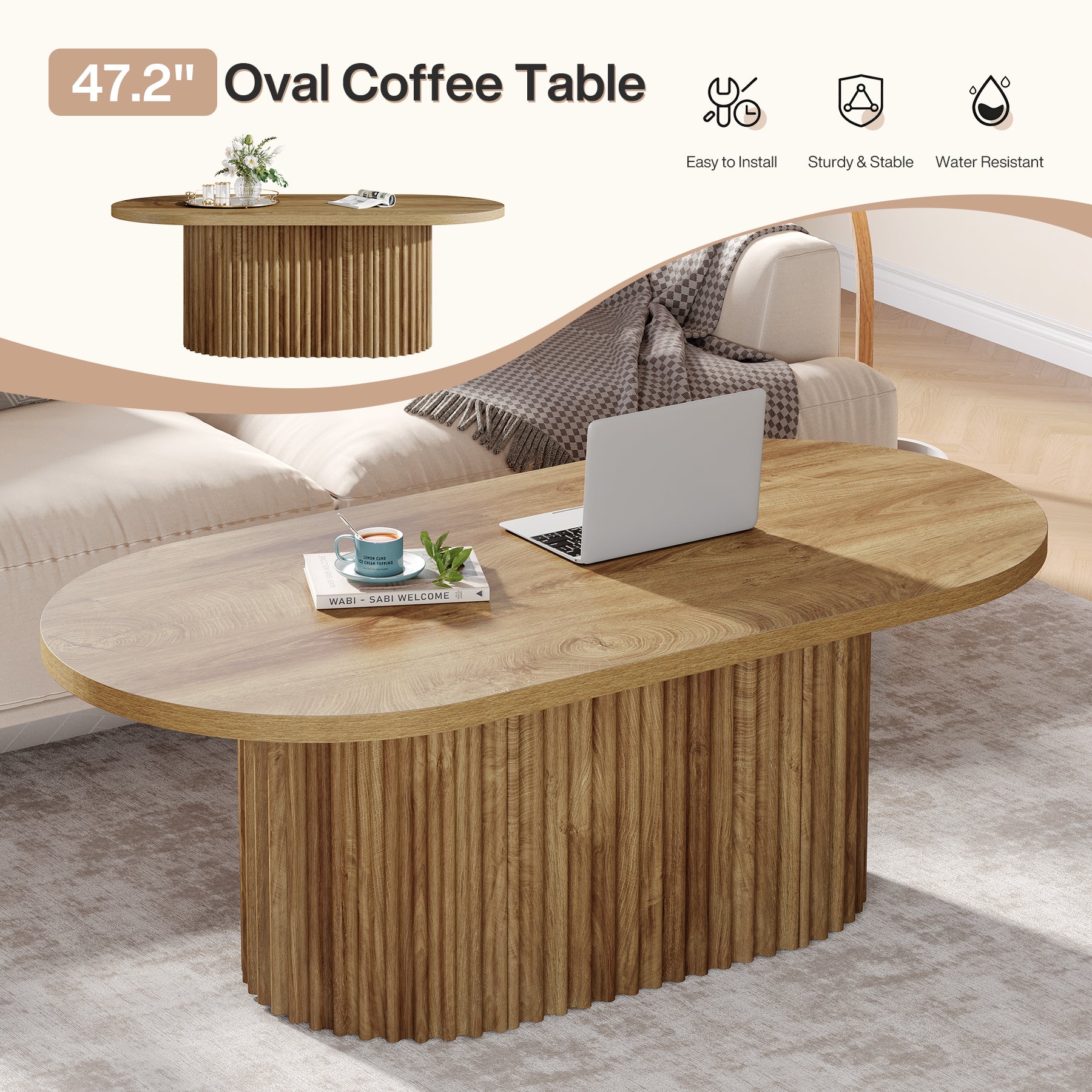 47.2" Oval Coffee Table, Farmhouse Center Table with Fluted Design