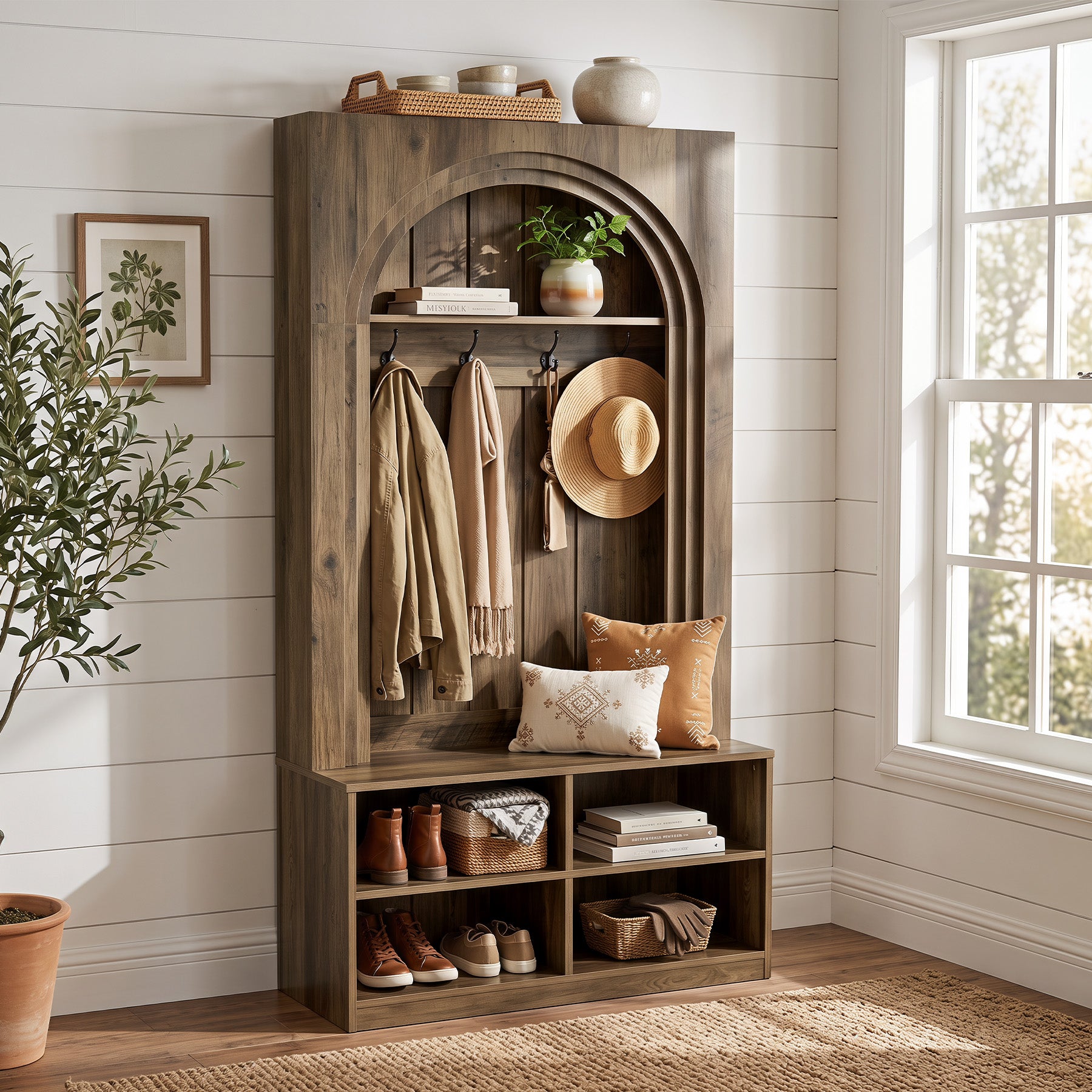 70.9" Arched Hall Tree, Farmhouse Entryway Coat Rack With Shoe Cubby Storage