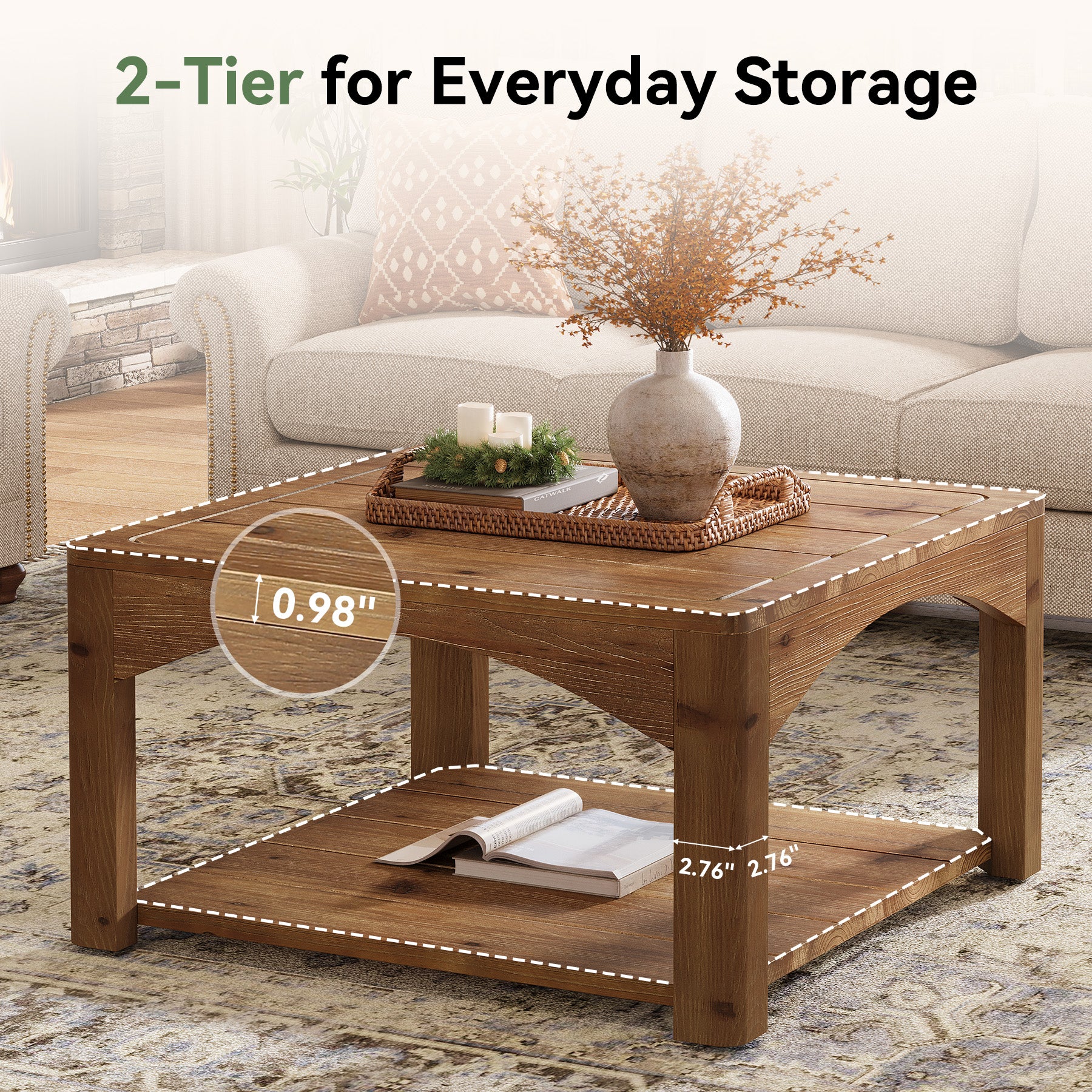31.5" Square Coffee Table, Solid Wood 2-Tier Center Table for Living Room