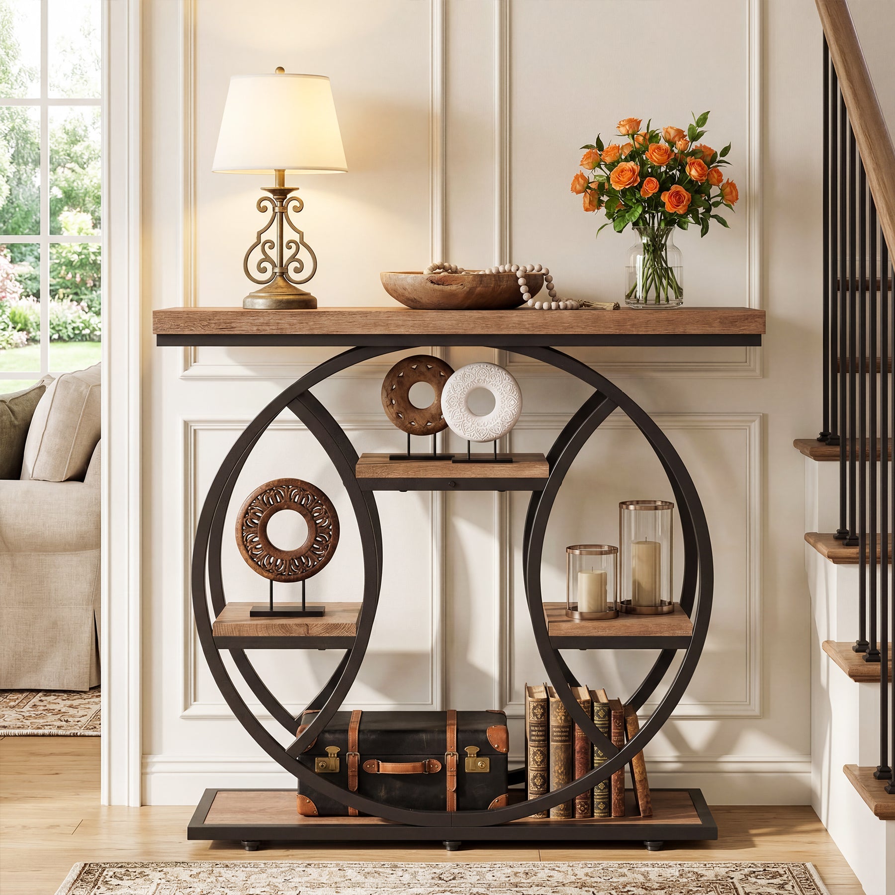 41.3" Industrial Console Table with 4-Tier Shelves – Circle Metal Frame Entryway Sofa Table