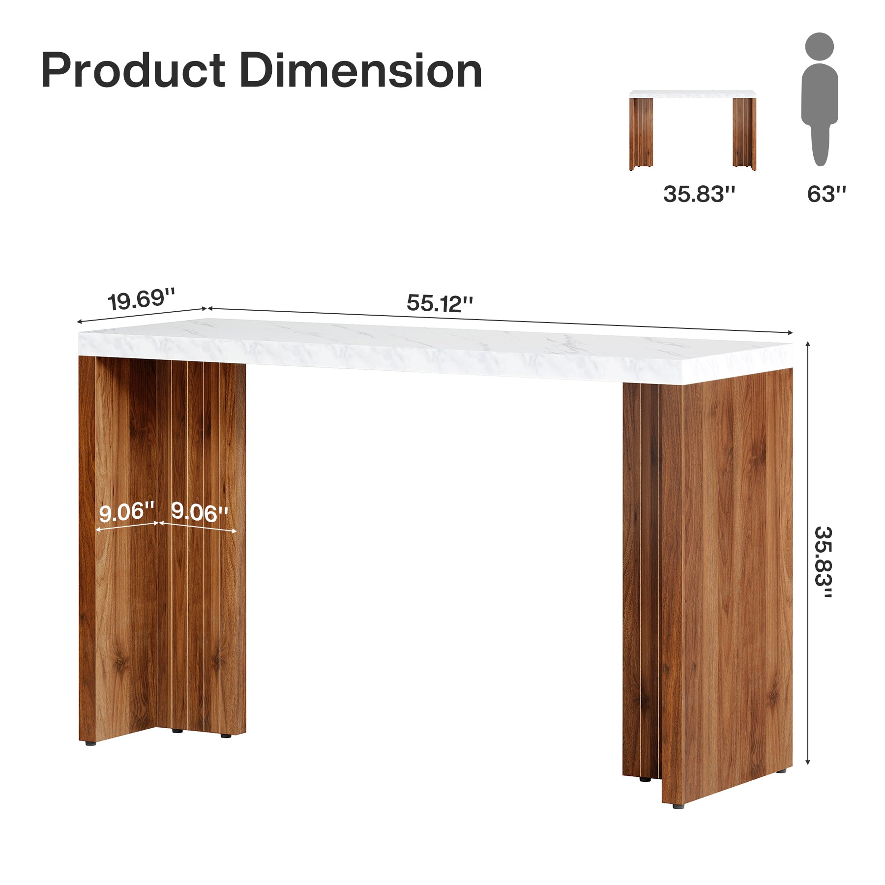 55" Counter Height Bar Unit with Faux Marble Top, Rectangular Home Pub Table