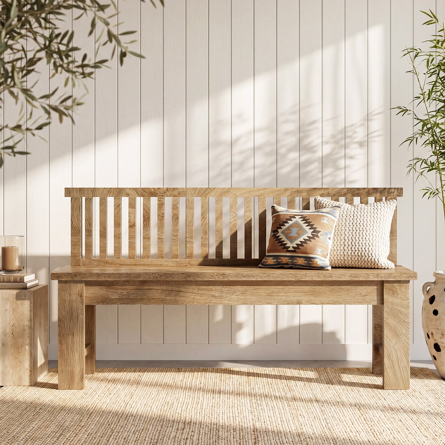 55" Farmhouse Dining Bench with Vertical Stripes Backrest for Kitchen, Dining Room
