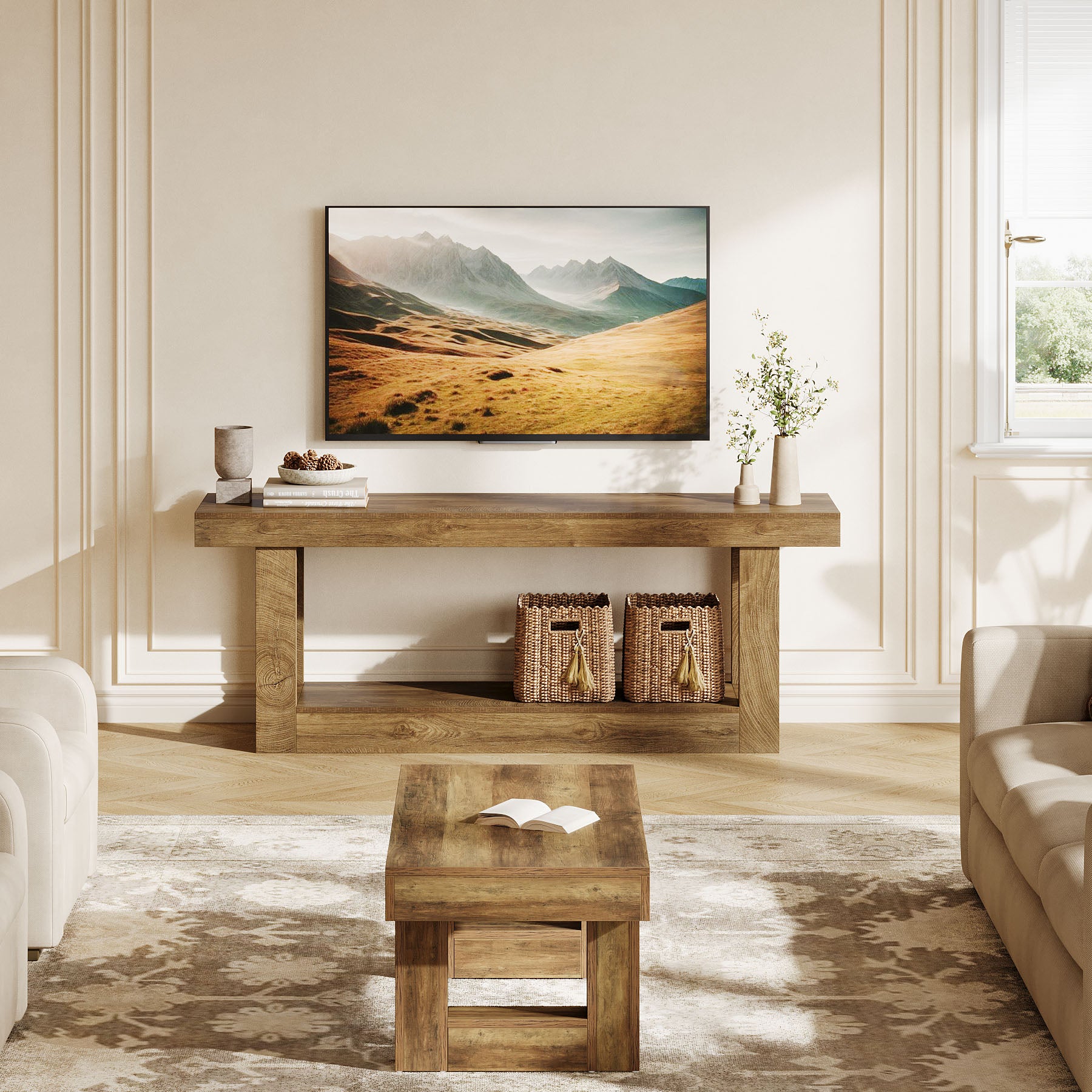 63" TV Stand for TVs up to 75", Farmhouse Entertainment Center with Shelves