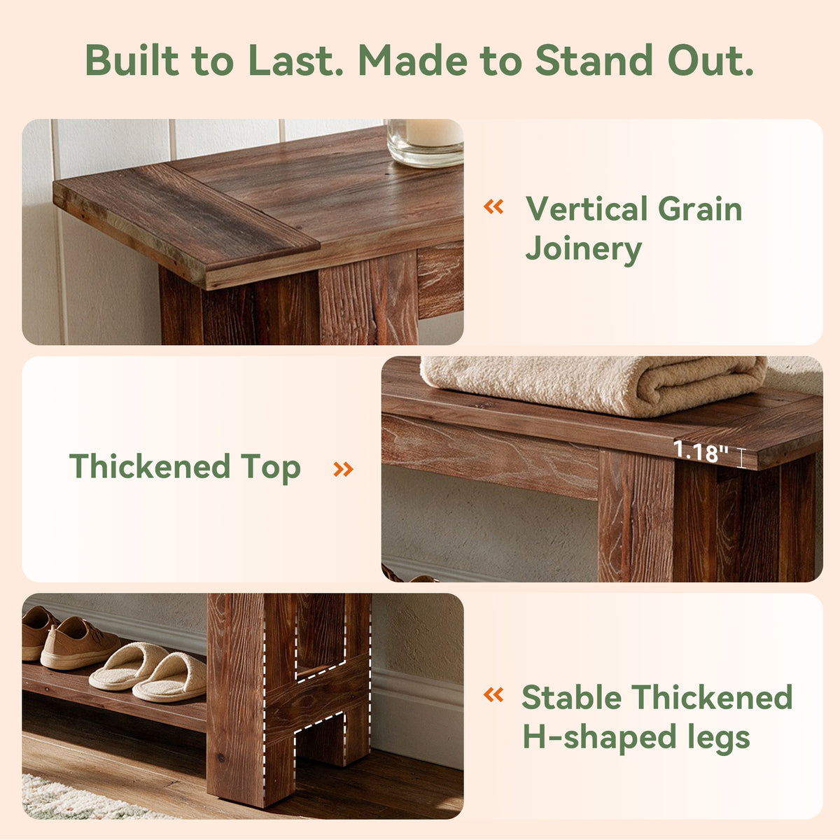 71" Extra Long Entryway Bench with Shoe Storage, Rustic Farmhouse Solid Wood, 2-Tier, Hallway