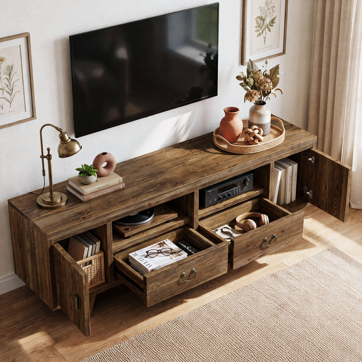 71" Farmhouse Solid Wood TV Stand for TVs Up to 80", Media Console with Storage