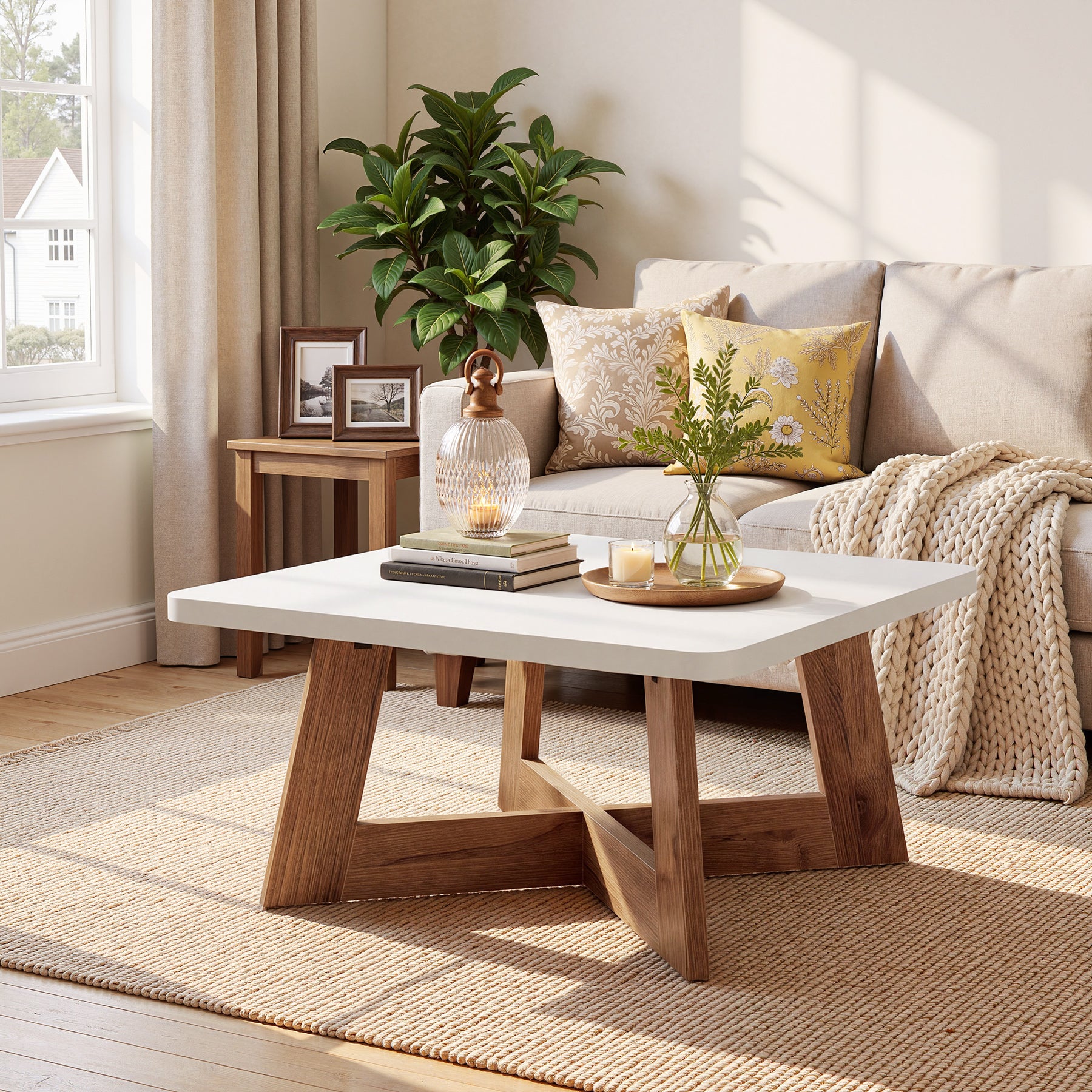 31.5" Square Coffee Table, Modern Cocktail Table with Reinforced Cross Brace for Living Room