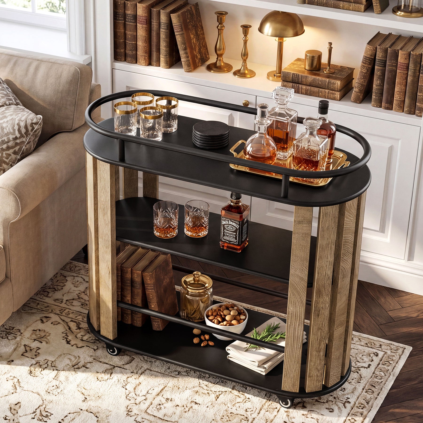 Tribesigns 35.43-Inch 3-Tier Bar Cart with Wheels and Metal Frame, Industrial Rolling Serving Cart for Kitchen