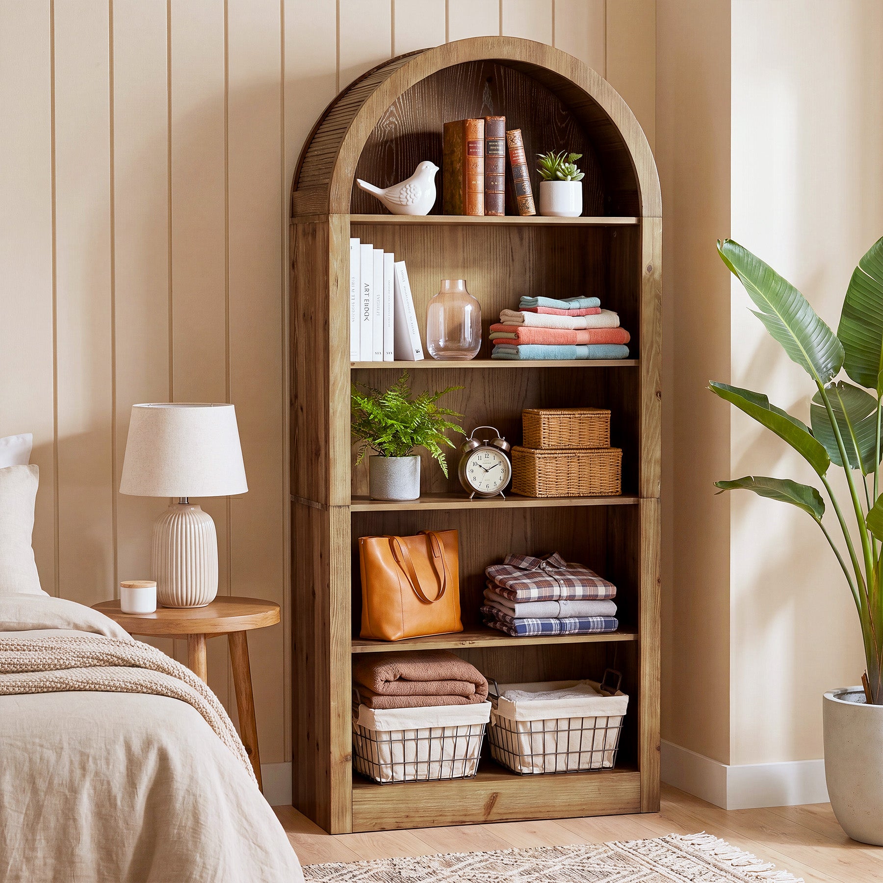 70.8" Solid Wood Tall Bookcase , 5-Tier Arched Bookshelf Open Display Etagere