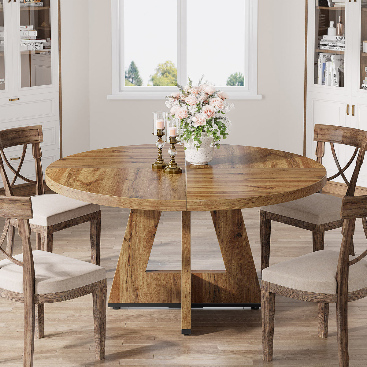 47-Inch Round Farmhouse Dining Table for 4–6 with Cross-Style Pedestal Base