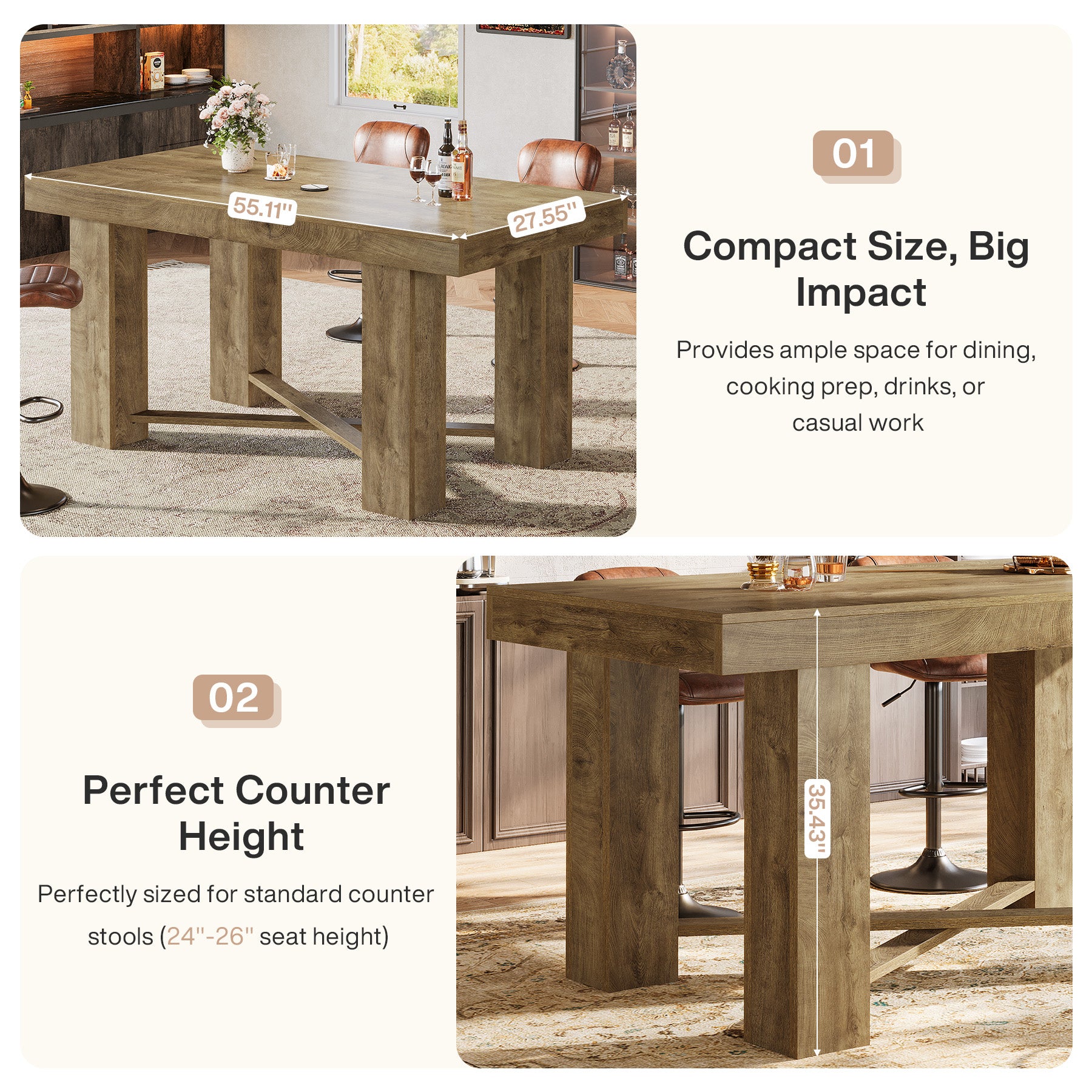 55 Inch Farmhouse Bar Table Counter Height, Rectangular Wooden Pub Table