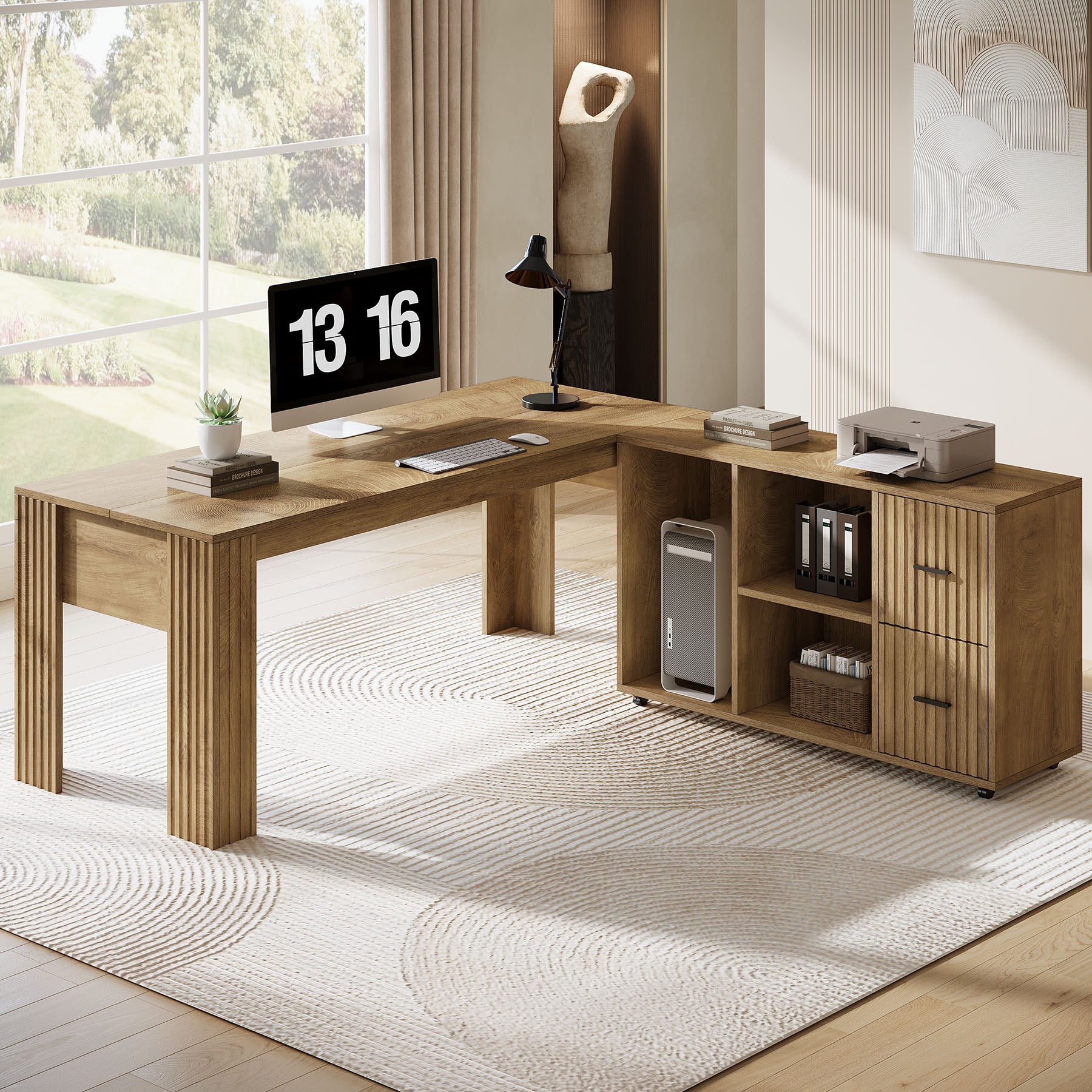 Reversible L-Shaped Executive Desk, 63" Computer Desk with Mobile File Cabinet for Home Office