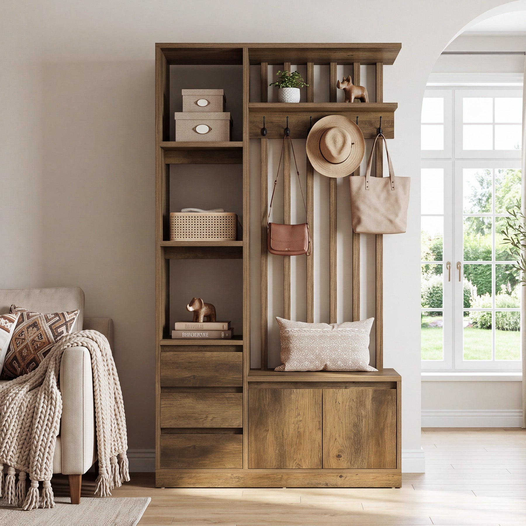 Hall Tree with Bench & Shoe Storage, Farmhouse 6 Hooks, 3 Shelves, 5 Shoe Cubbies, Entryway