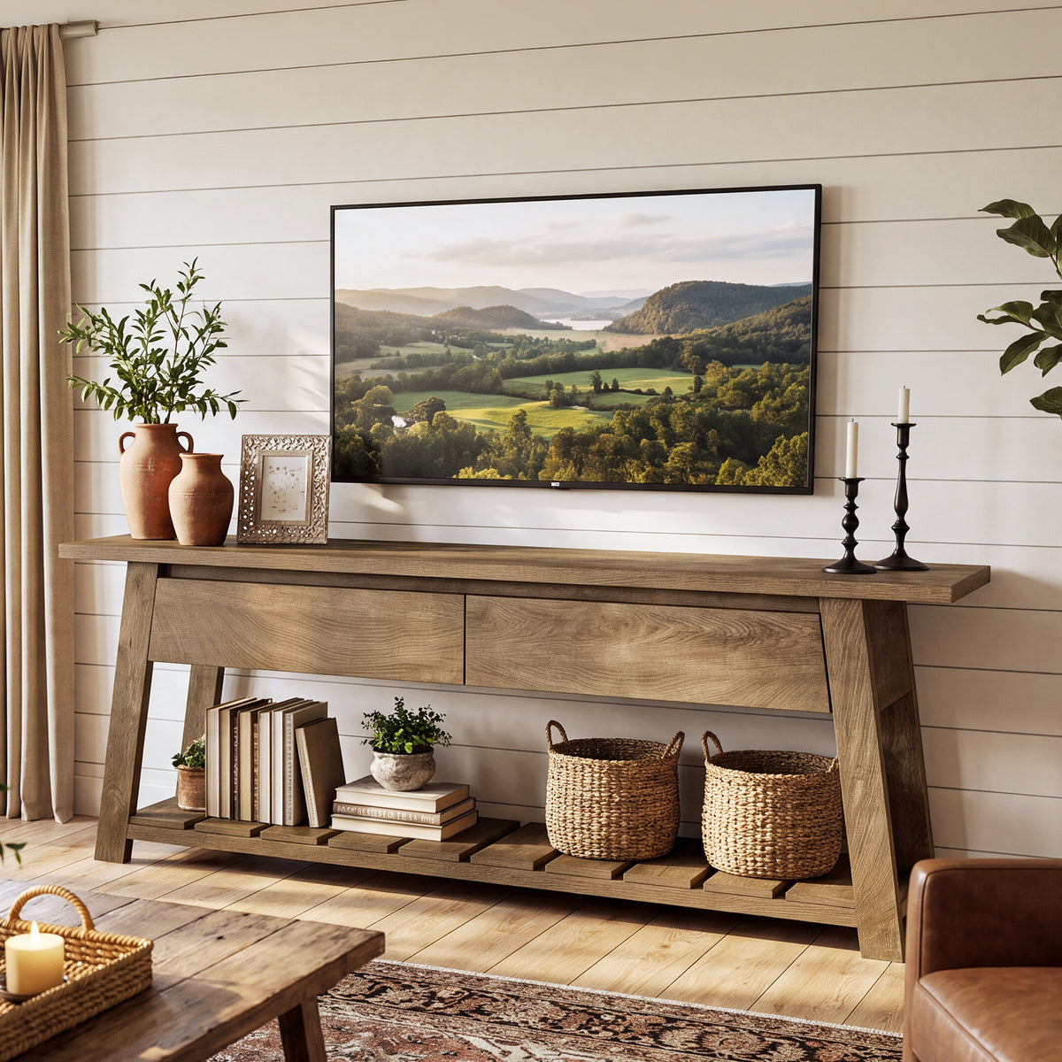 63" TV Stand with 2 Storage Drawers for 65"TV, Entertainment Center with Slatted Shelf