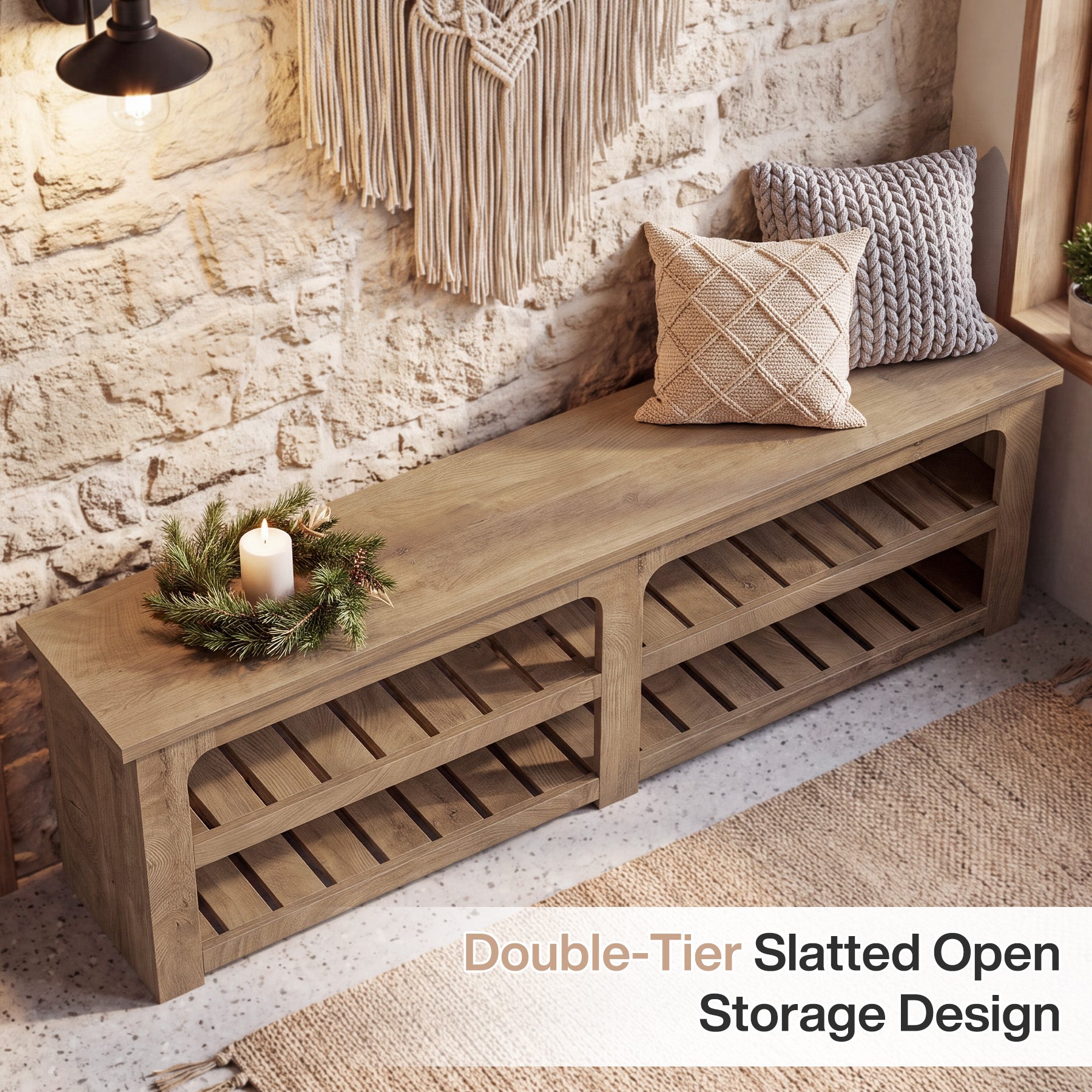 71" Extra Long Entryway Bench with Shoe Storage, Farmhouse 2-Tier Slatted Shoe Rack