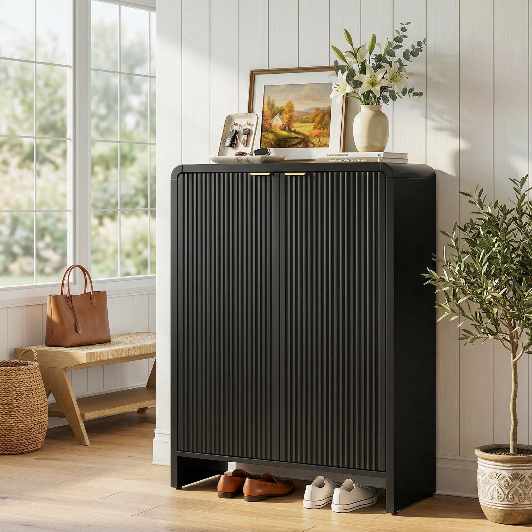 43.31-Inch Black Shoe Storage Cabinet with Doors, 6-Tier Fluted Entryway Organizer