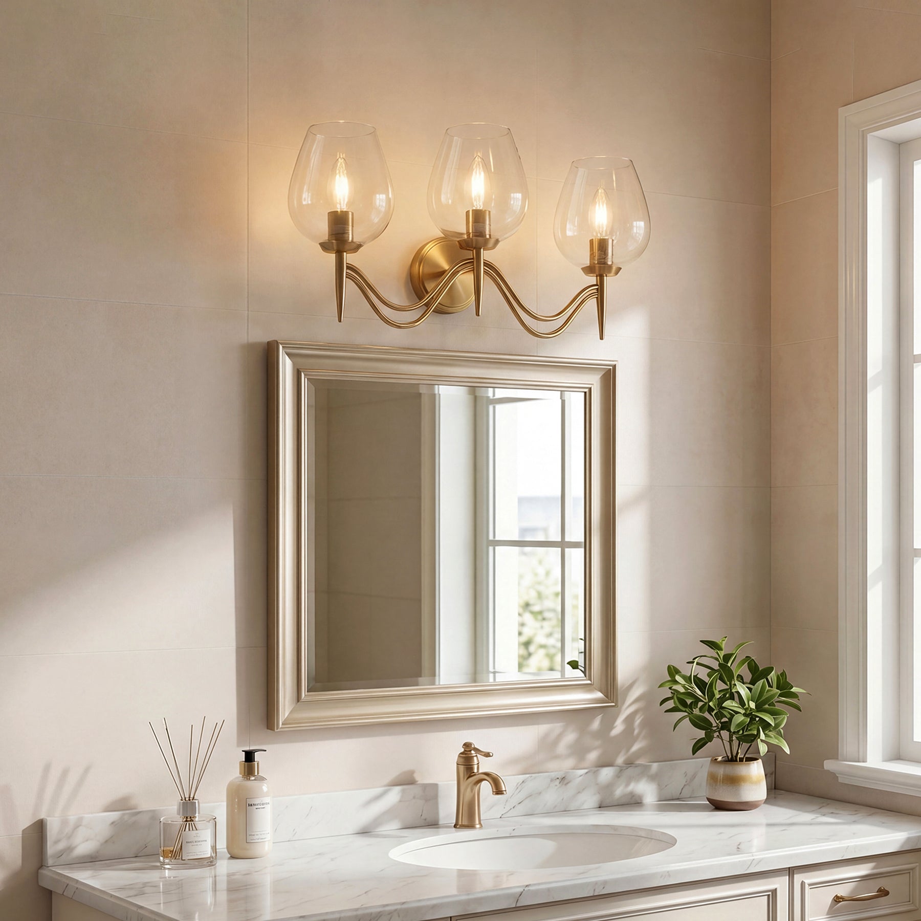 3-light Bathroom Vanity Light, Gold Metal & Clear Glass Wall Sconce With E12 Base