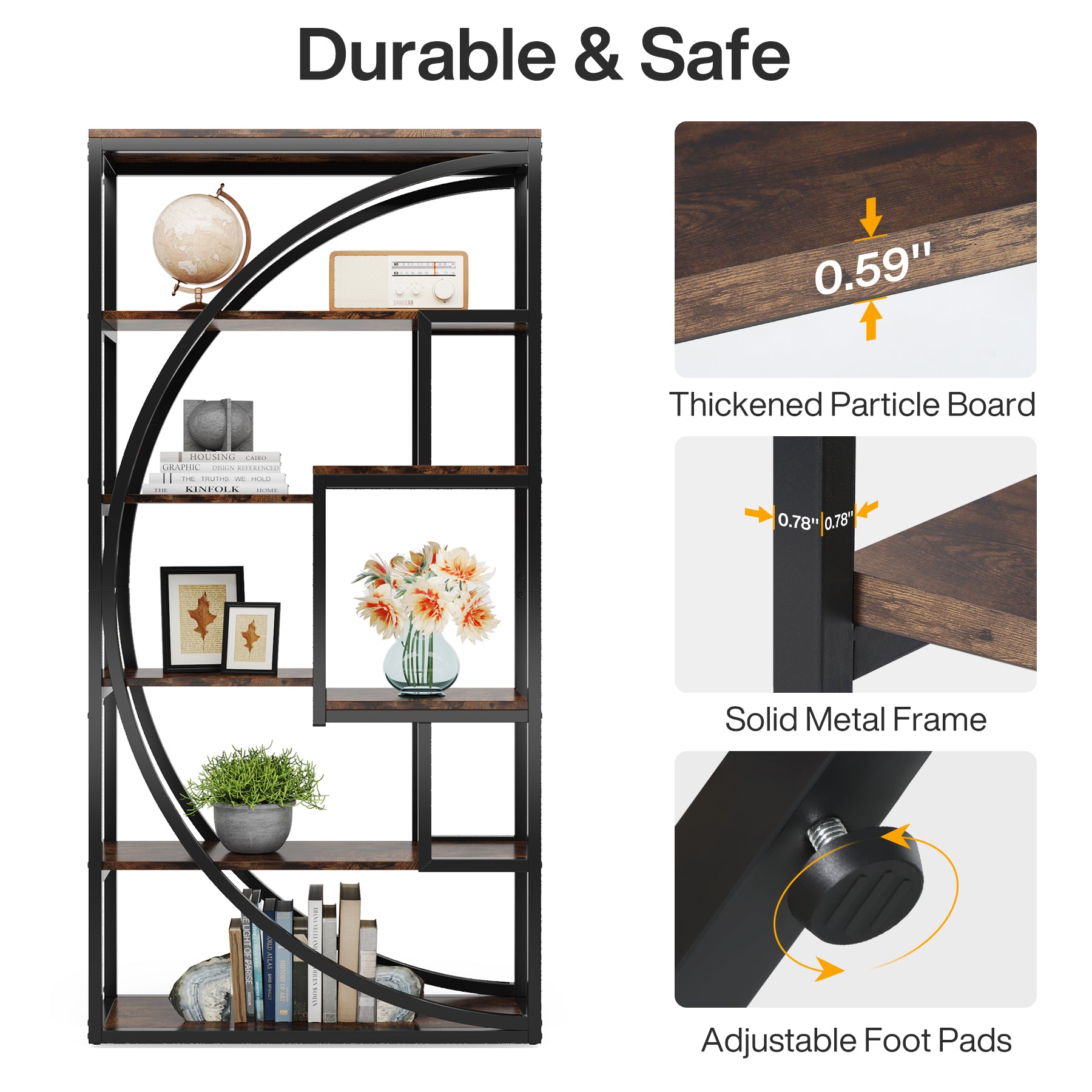 70.8” Tall Modern Geometric Bookcase, 5-Tier Etagere with 8 Open Shelves