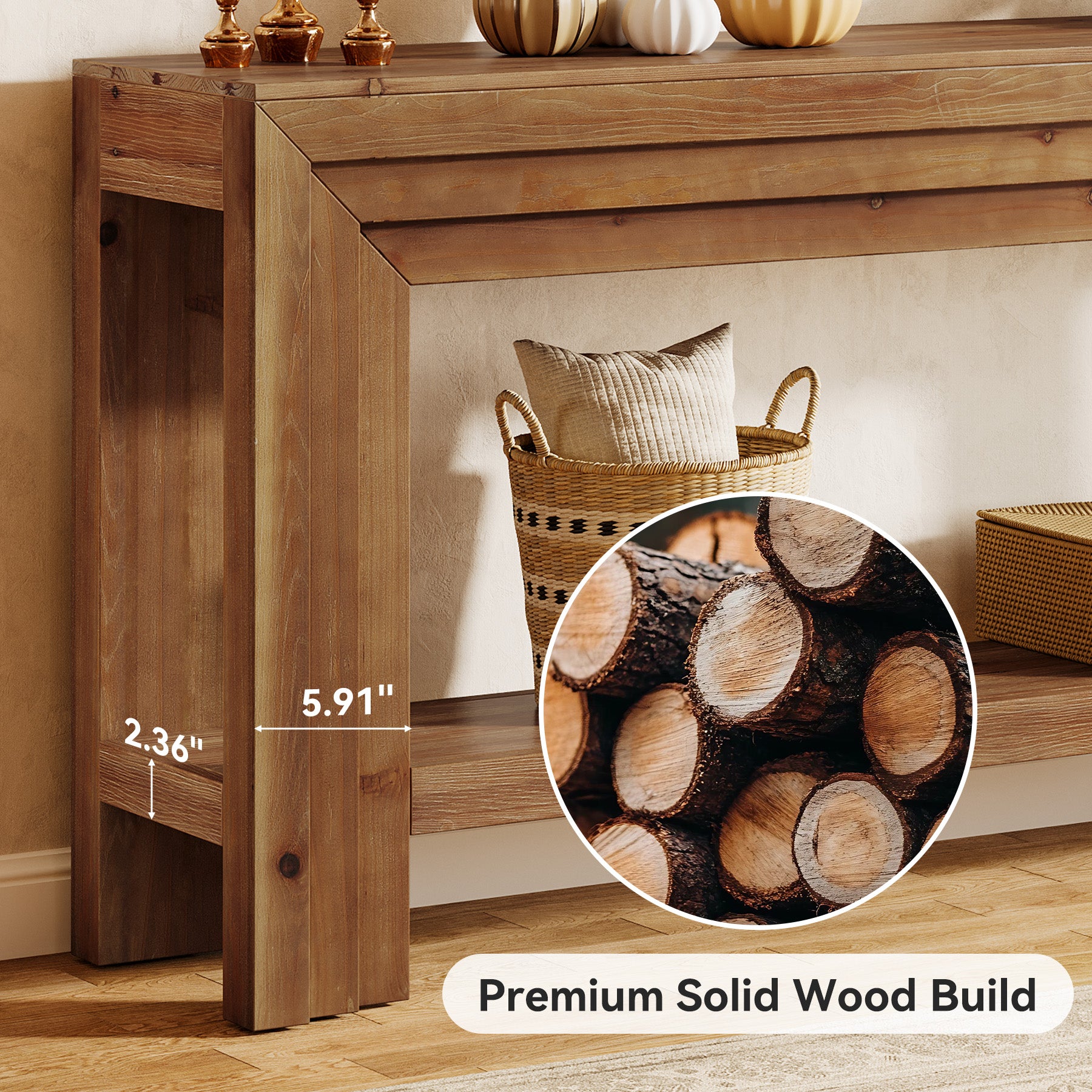 63" Solid Wood Entryway Console Table with 2-Tier Shelf, Farmhouse Sofa & Hallway Table with Dimensional Linear Frame