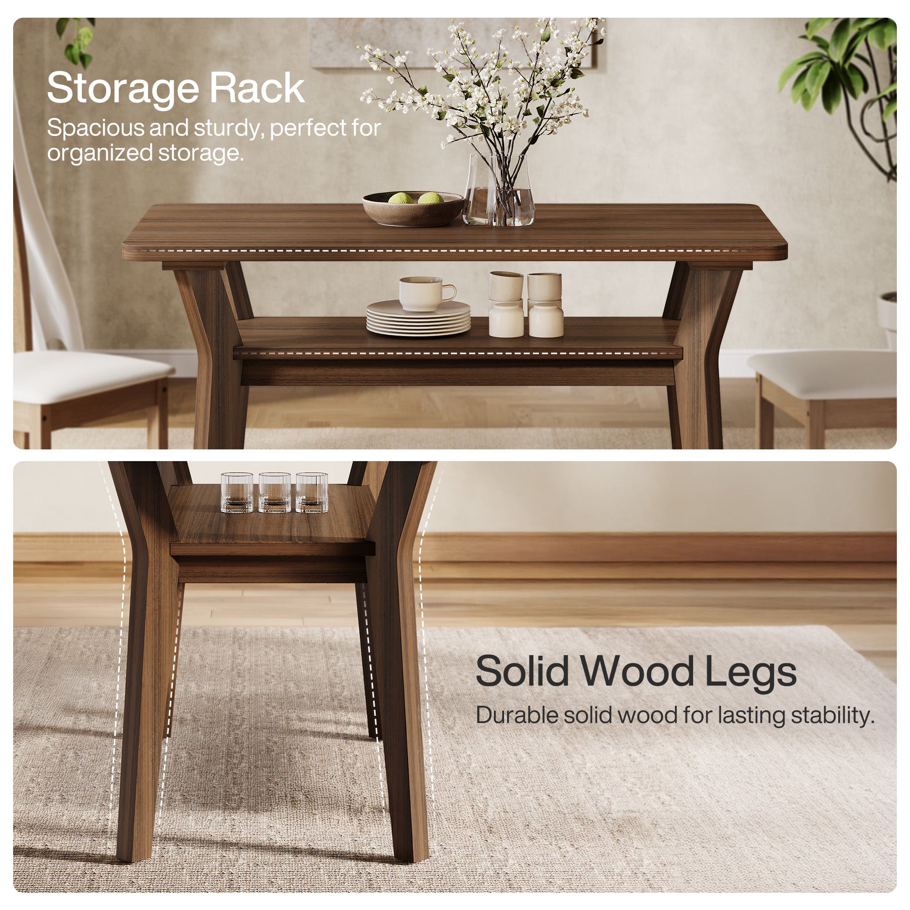 47" Dining Table, 2-Tier Rectangle Kitchen Table with Solid Wood Legs