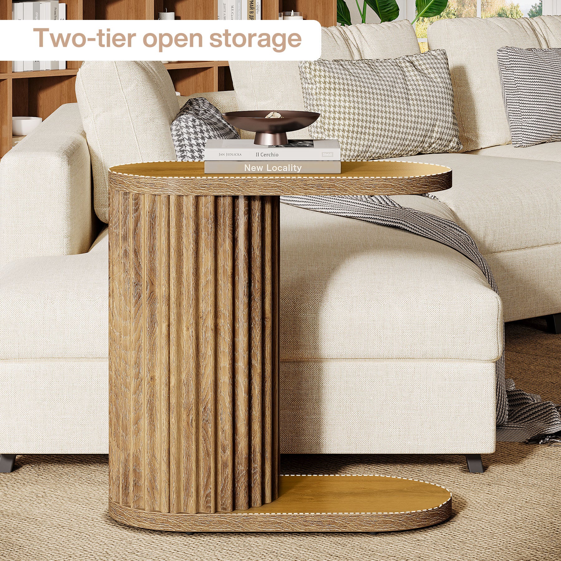 23.62" Fluted C-Shaped End Table with Oval Top, Narrow Side Table for Couch