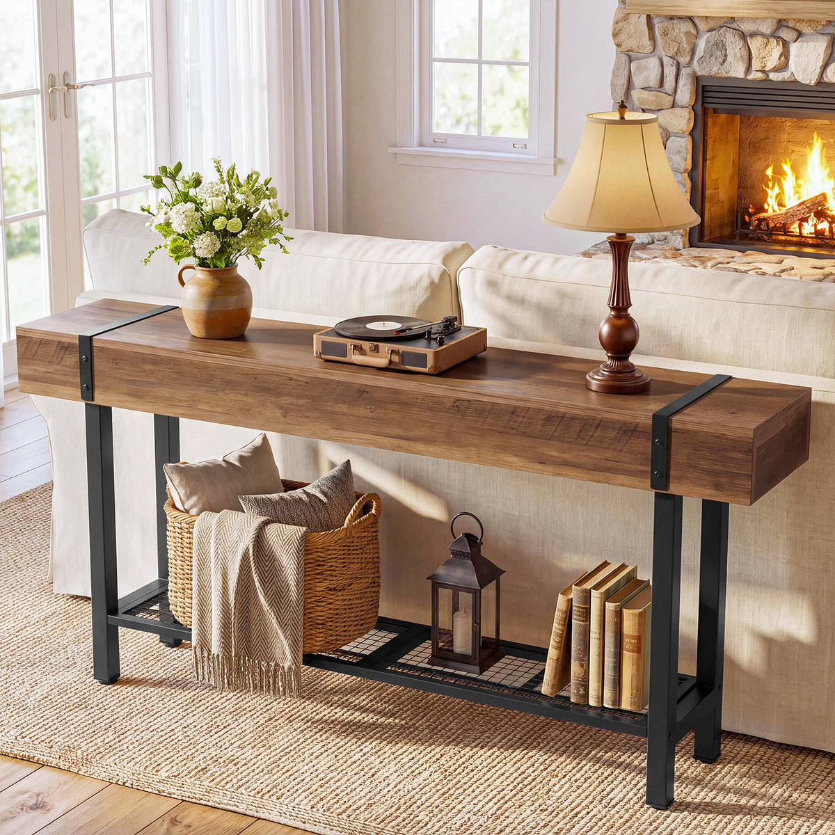 63" Console Table with Storage & Metal Base, Entryway Sofa Table, Hallway Living Room