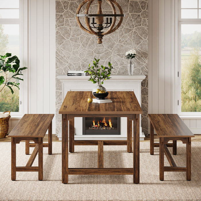 55" Dining Table Set, 3-Piece Kitchen Table Set with 2 Benches