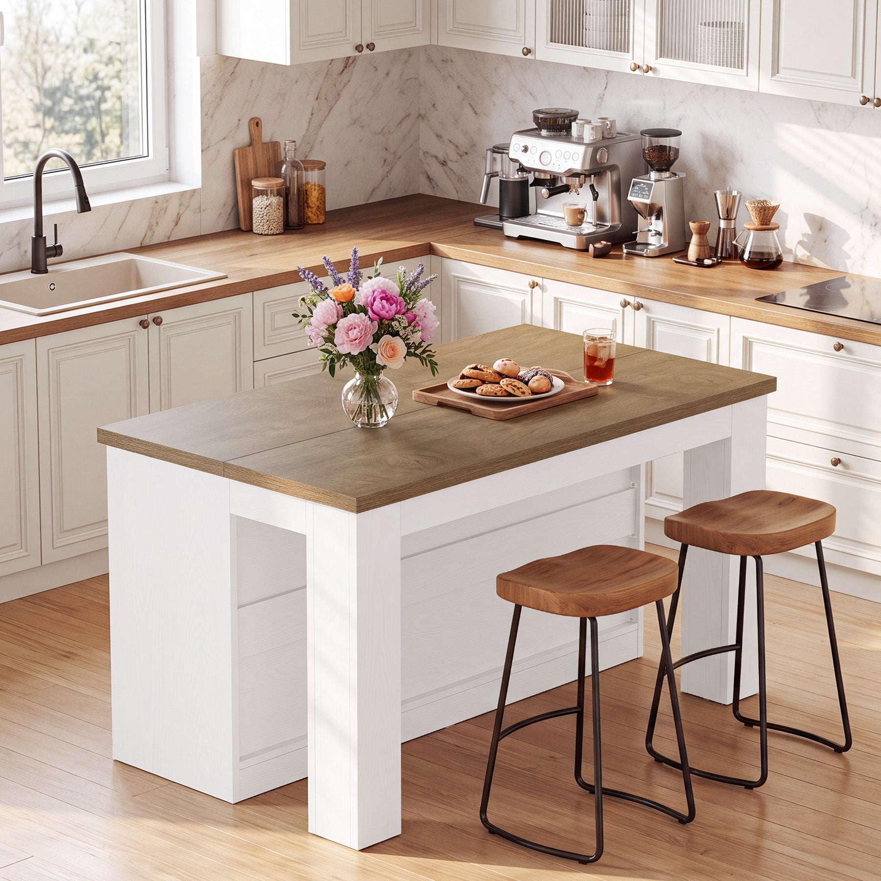 55" Farmhouse Kitchen Island, Stationary Island Prep Dining Table with 2-Tier Open Shelves