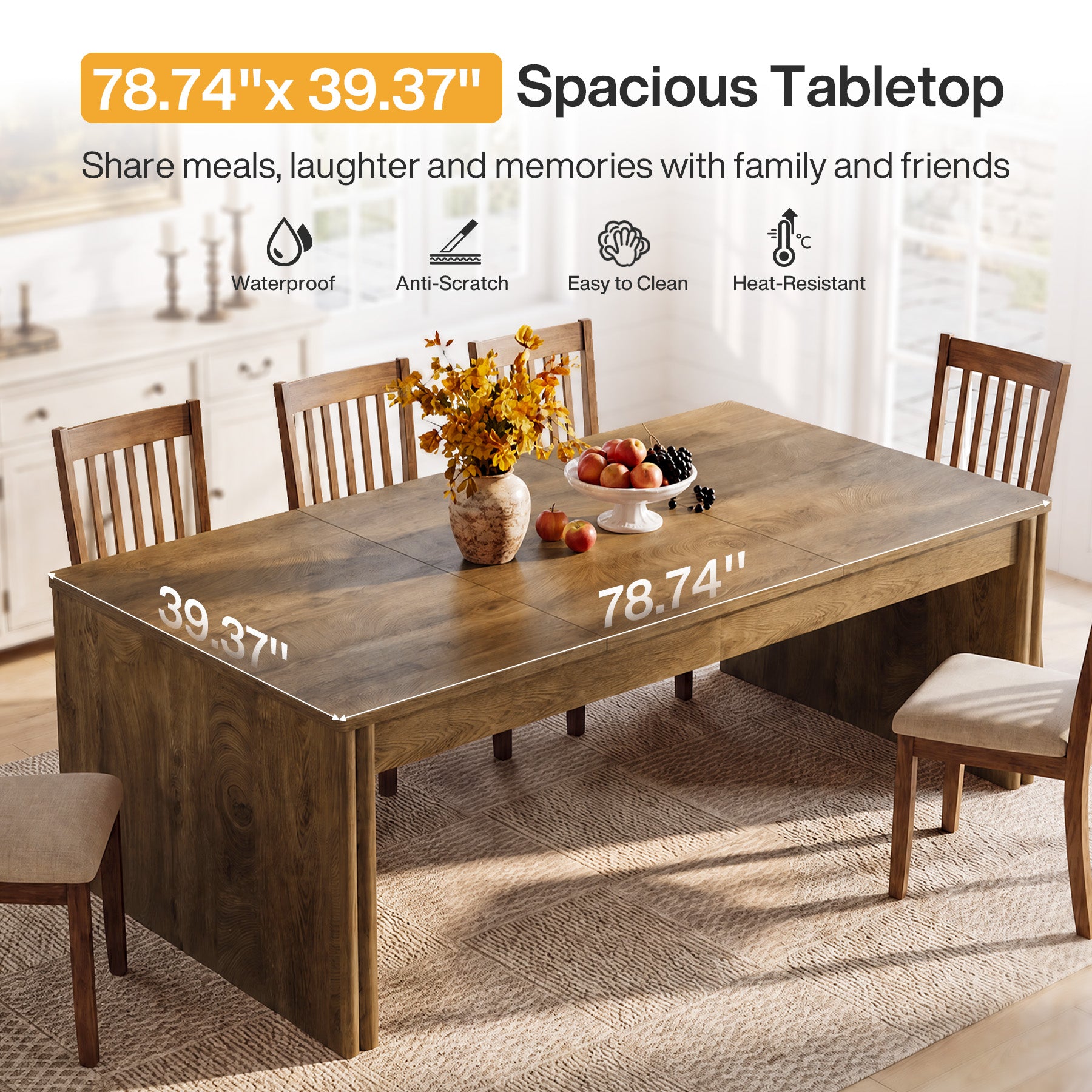79" Large Dining Table for 6-8, Rectangular Kitchen Table with Double Pedestals for Dining Room