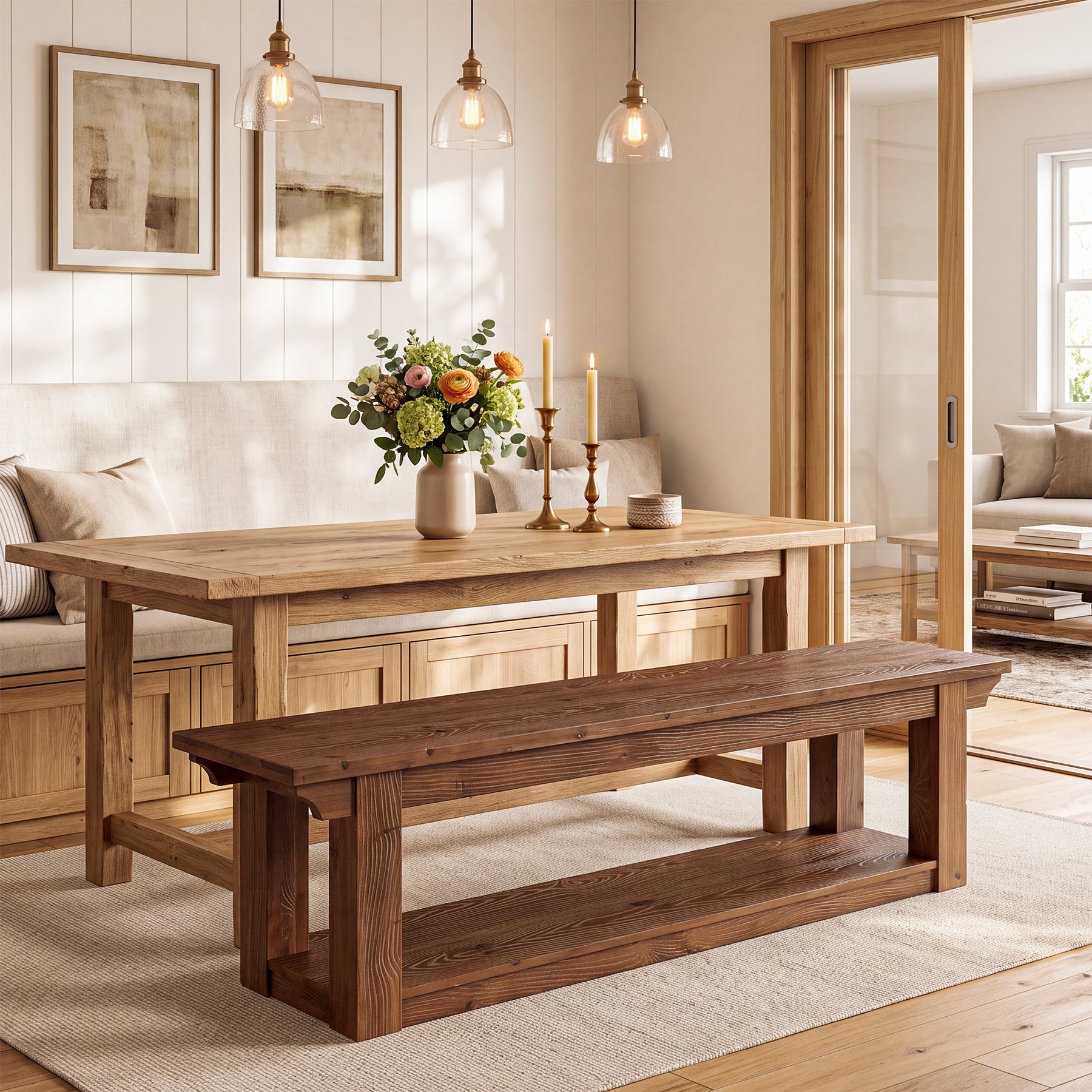63" Dining Bench with Storage, Farmhouse Solid Wood 2-Tier, Kitchen & Dining Room
