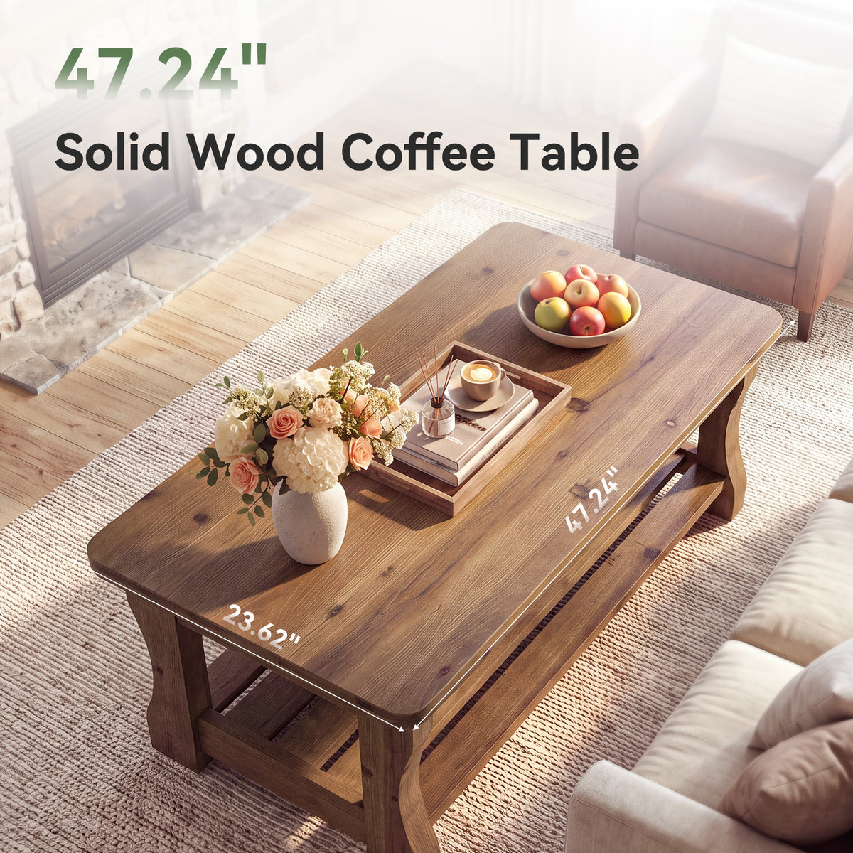 47" Modern Solid Wood Coffee Table, Rectangle 2-Tier Storage Shelf, Center Table, Living Room