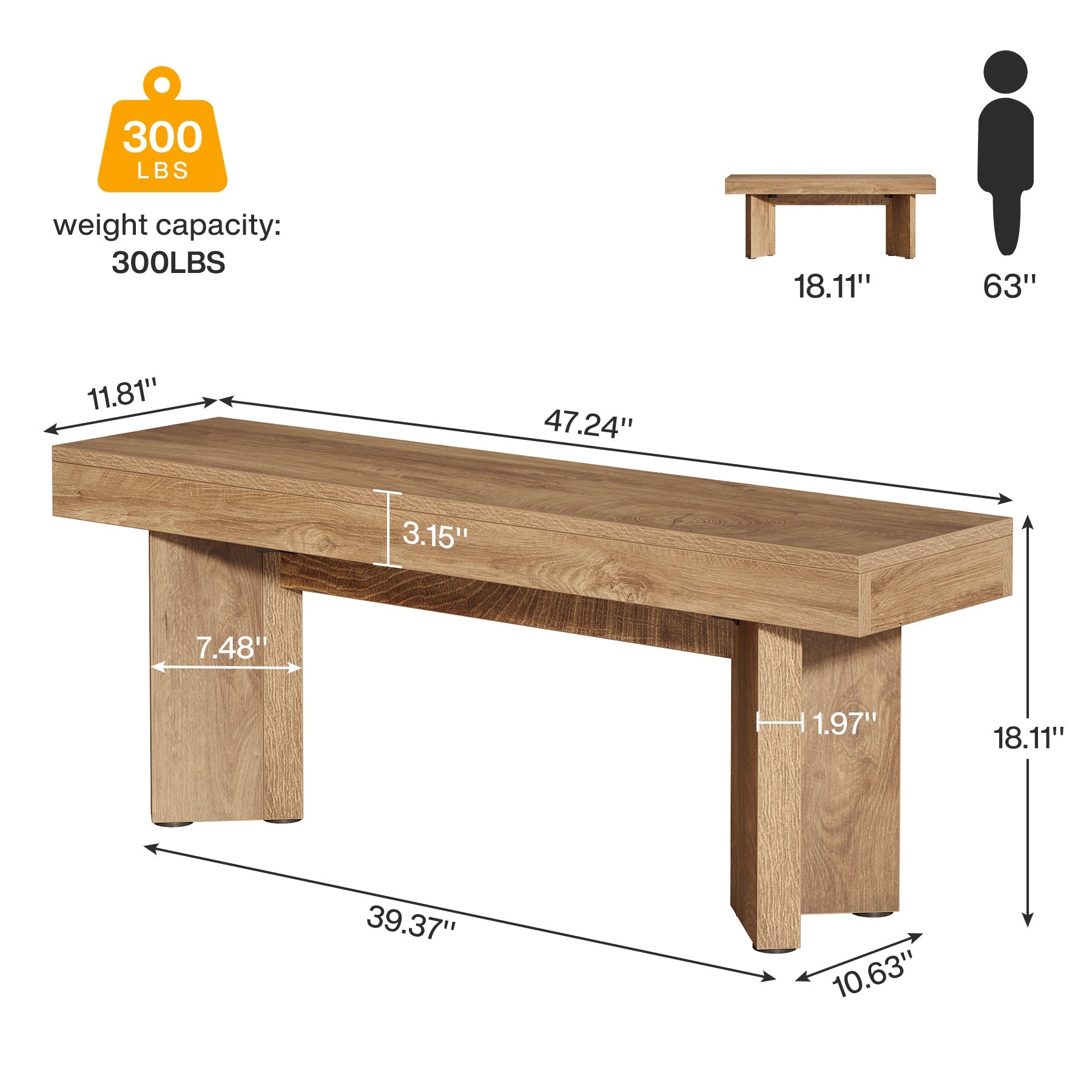47" Kitchen Table Bench, Farmhouse Dining Bench with Sturdy Frame