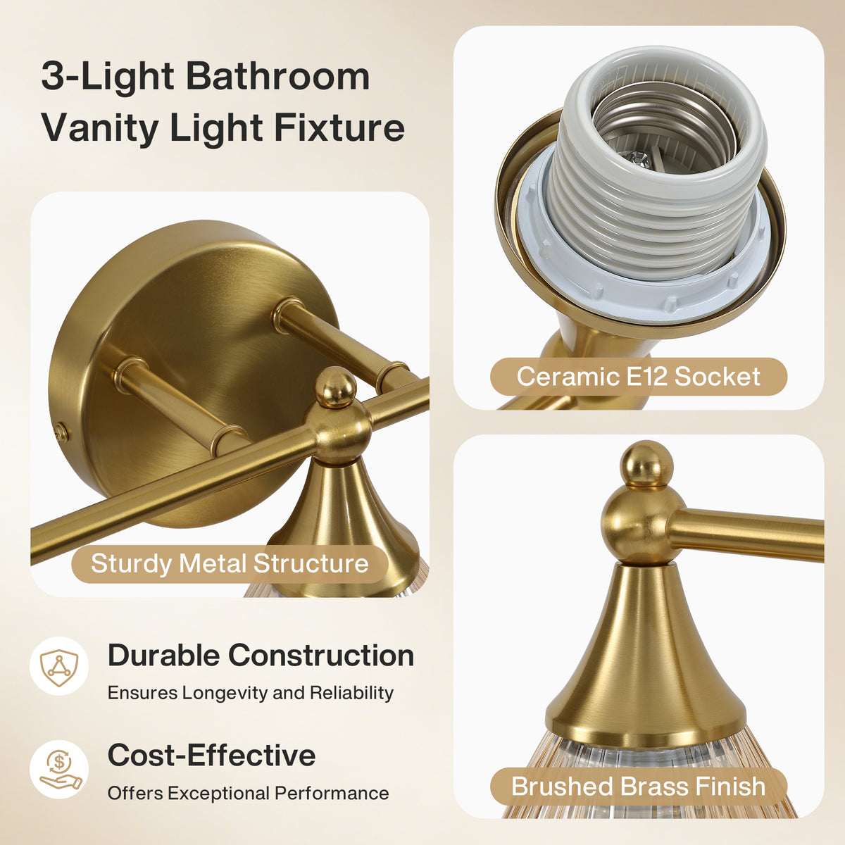 3-Light 22" Bathroom Vanity Light, Brushed Brass Wall Sconce with Amber Glass