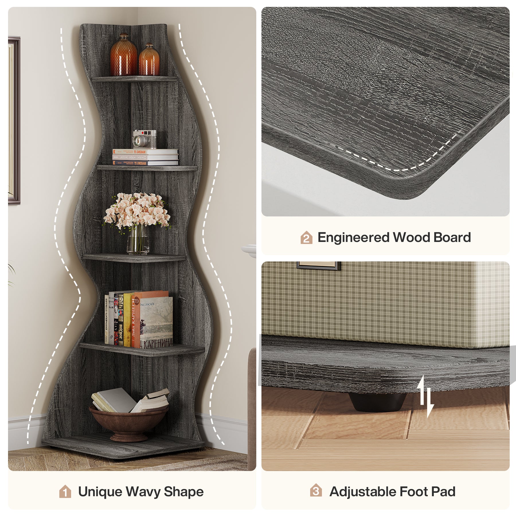 5-Tier Corner Bookcase, Rustic Freestanding Corner Shelf for Small Spaces