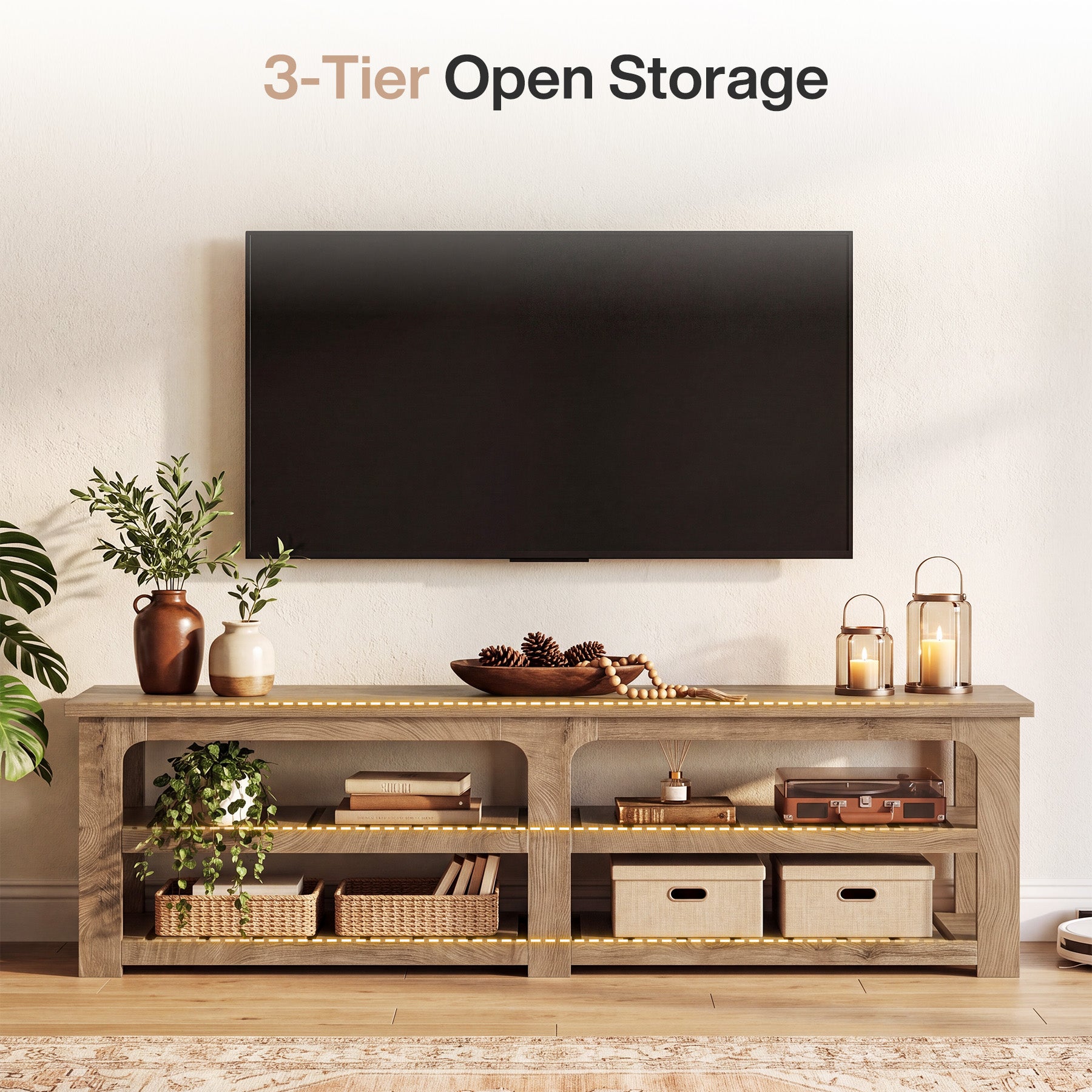 71" TV Stand for 75" TV, Farmhouse 2-Tier Entertainment Center, Storage Shelves, Living Room