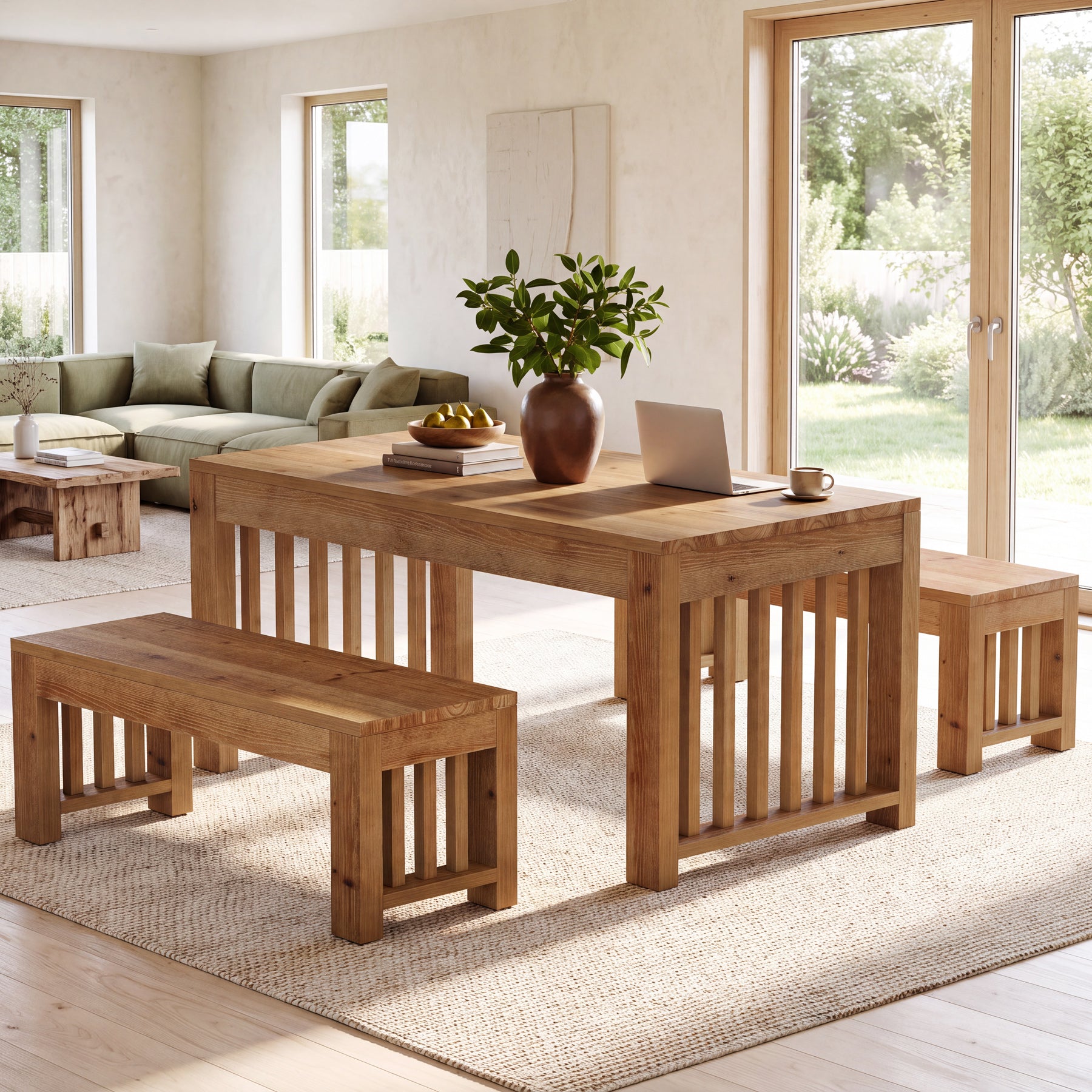 55" Rectangular Dining Table Set, Solid Wood Kitchen Table and Bench for 4 People