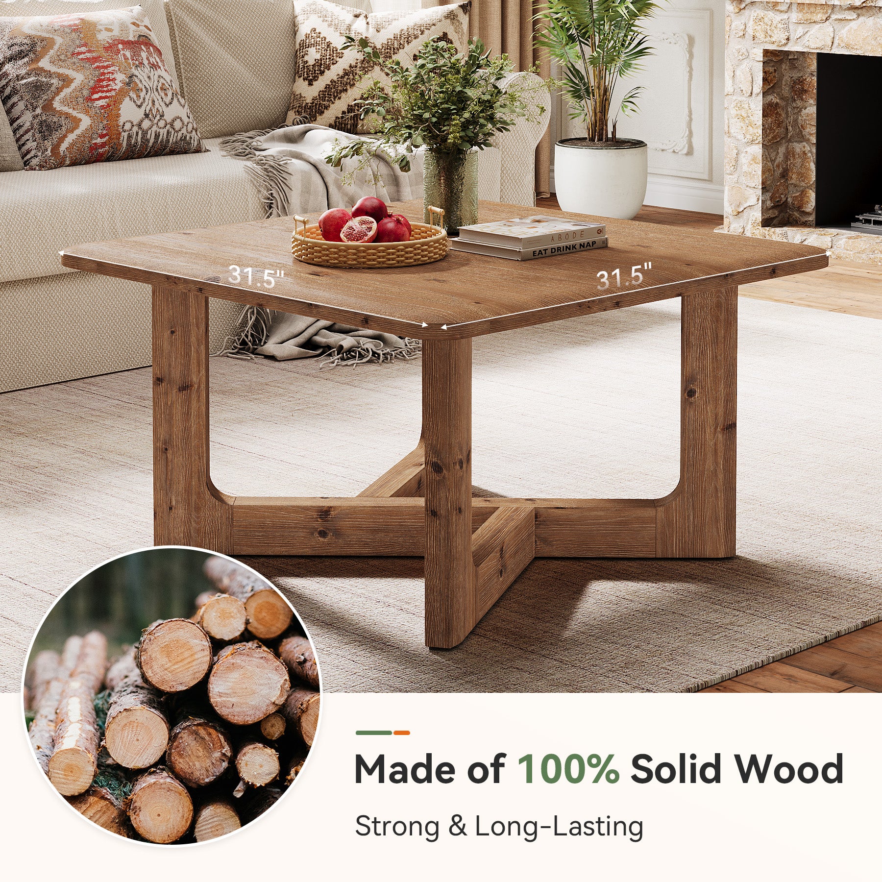 31.5" Solid Wood Coffee Table, Farmhouse Square Center Table Tea Accent Table
