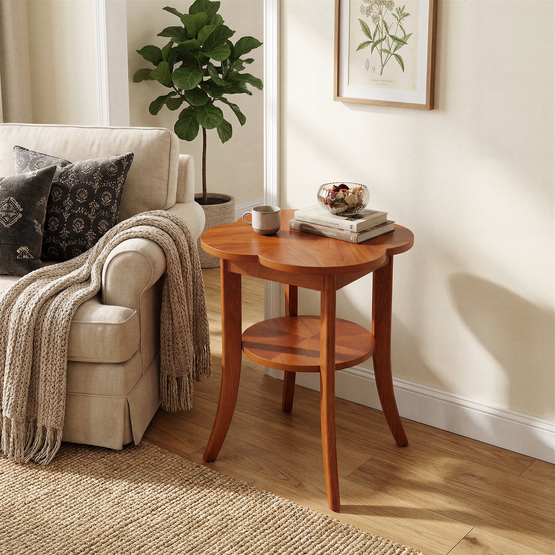 Solid Wood End Table, 2-Tier Sofa Side Table with Storage Shelf